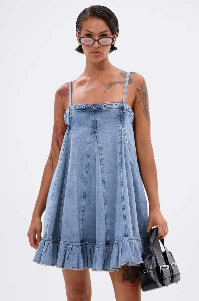 Pleated Up Mini Dress In Denim
