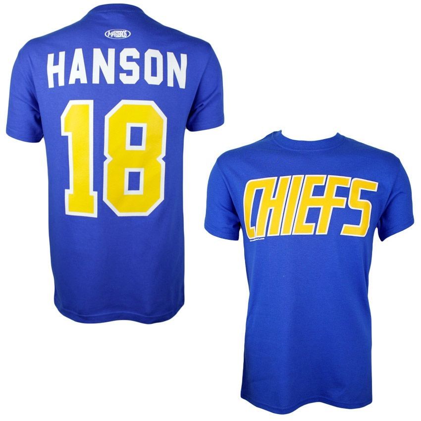 Slapshot Charlestown Chiefs Jeff Hanson #18 Hockey T-Shirt Blue