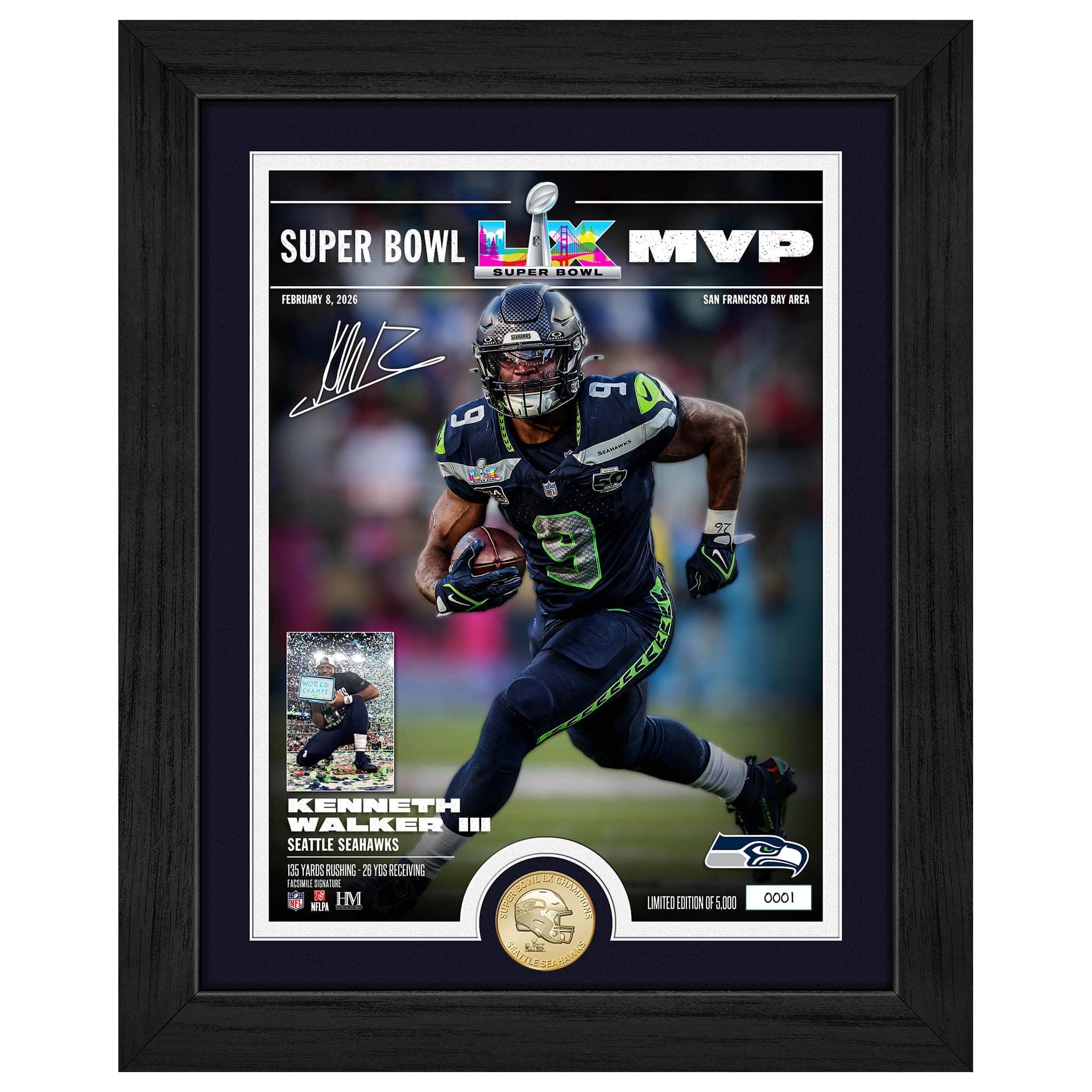 Kenneth Walker III Super Bowl LX MVP Bronze Coin Framed NFL Photo