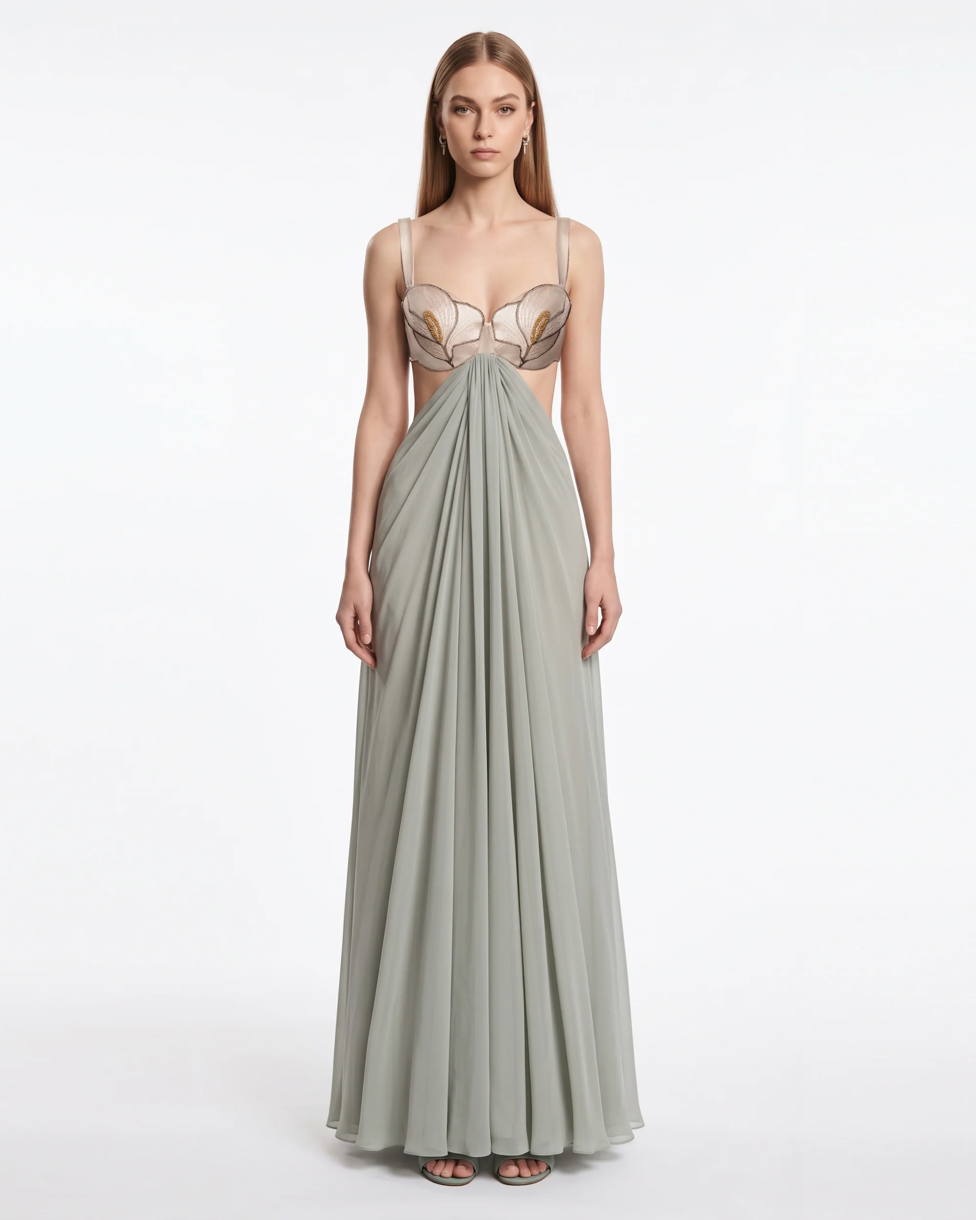 3D Floral Cutout Draped Maxi Dress - Sage Green
