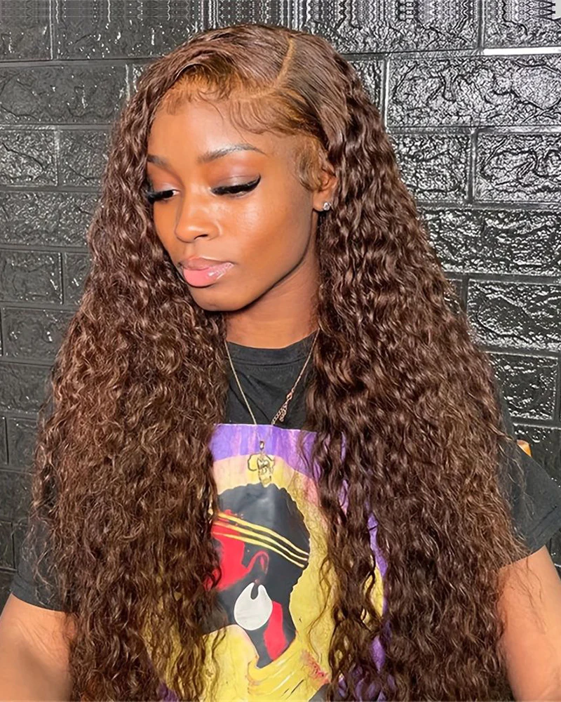 Ophirawig 13x4 Frontal Lace Chocolate Brown Water Wave Wig Invisible Knots Realistic Hairline