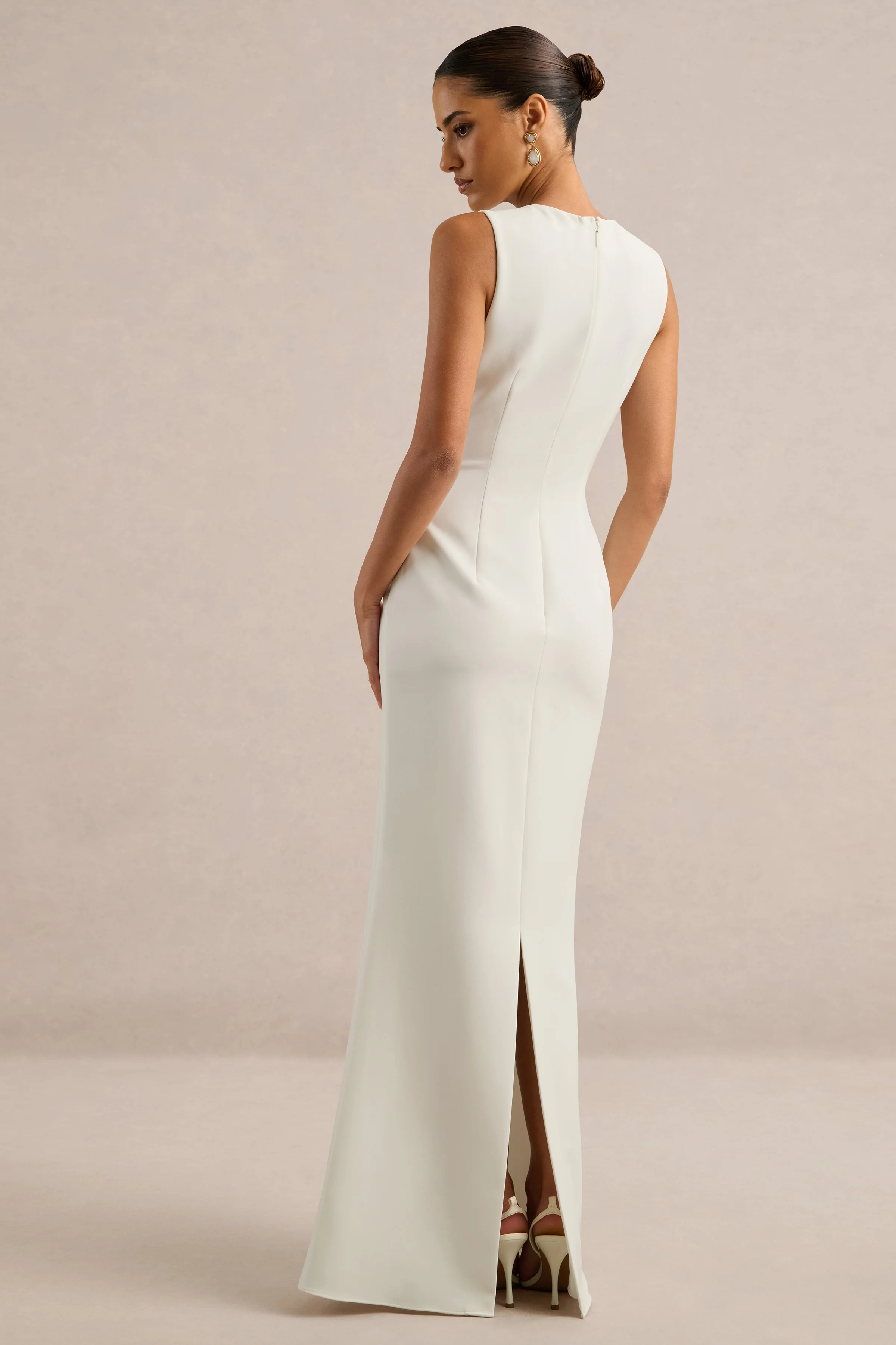Astrelle | White Round Neck Maxi Dress With Tailoring And Back Split