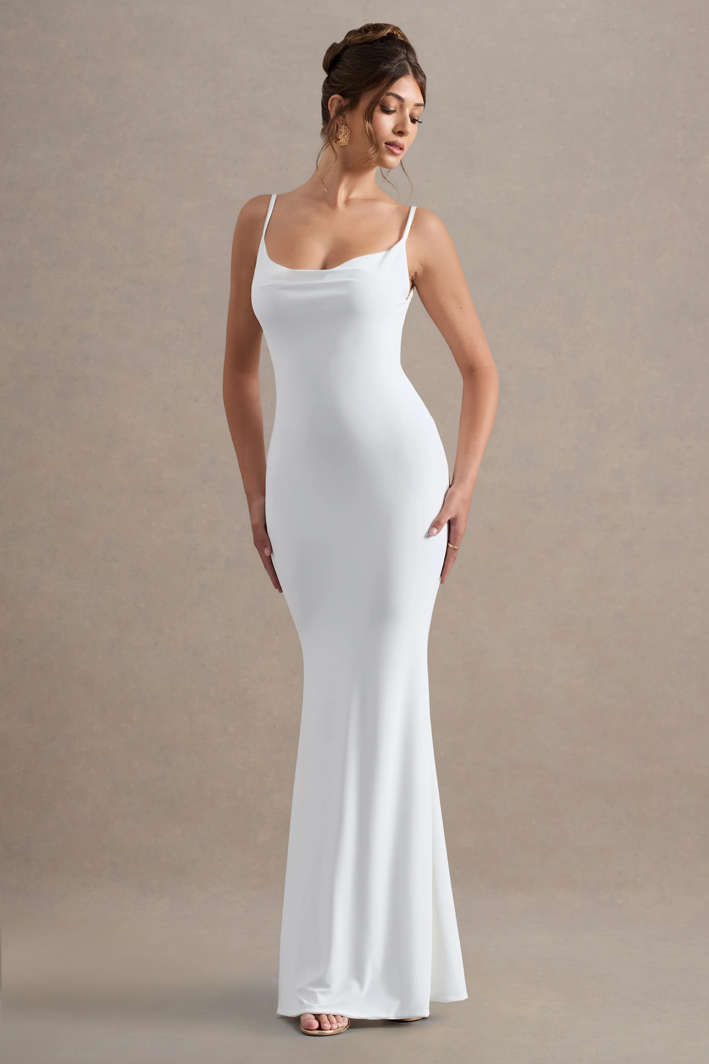 Francoise | White Cowl Neck Backless Maxi Dress With Lace Insert