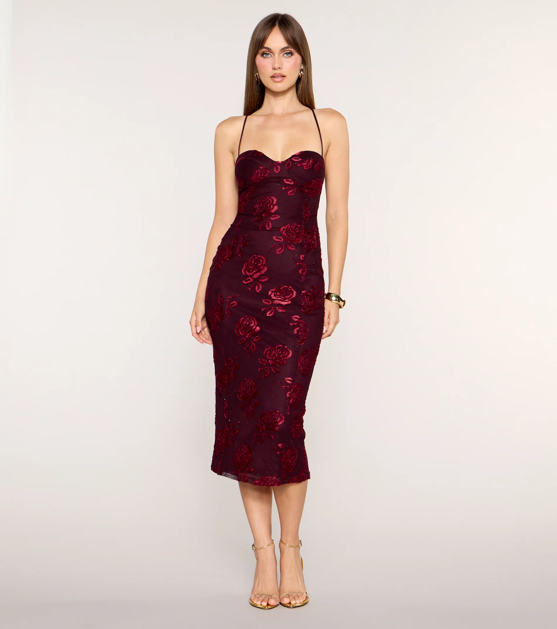 Rose Trace Rhinestone Lace-Up Bodycon Midi Dress