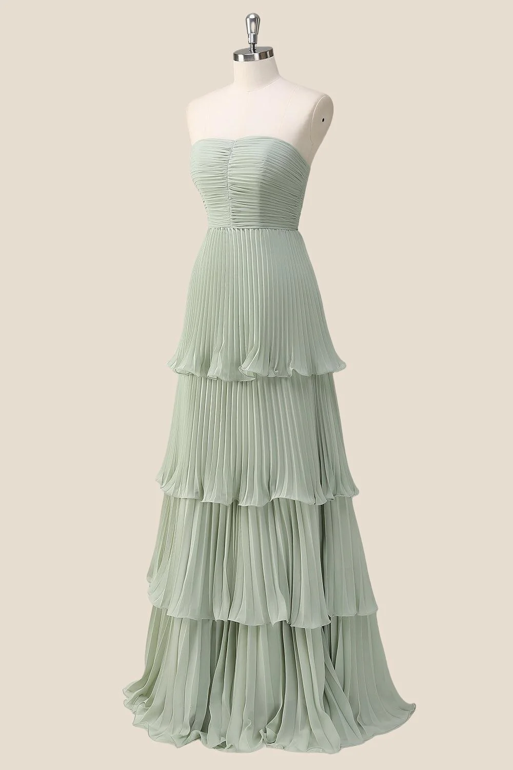 Strapless Burgundy Pleated Tiered Long Party Dress