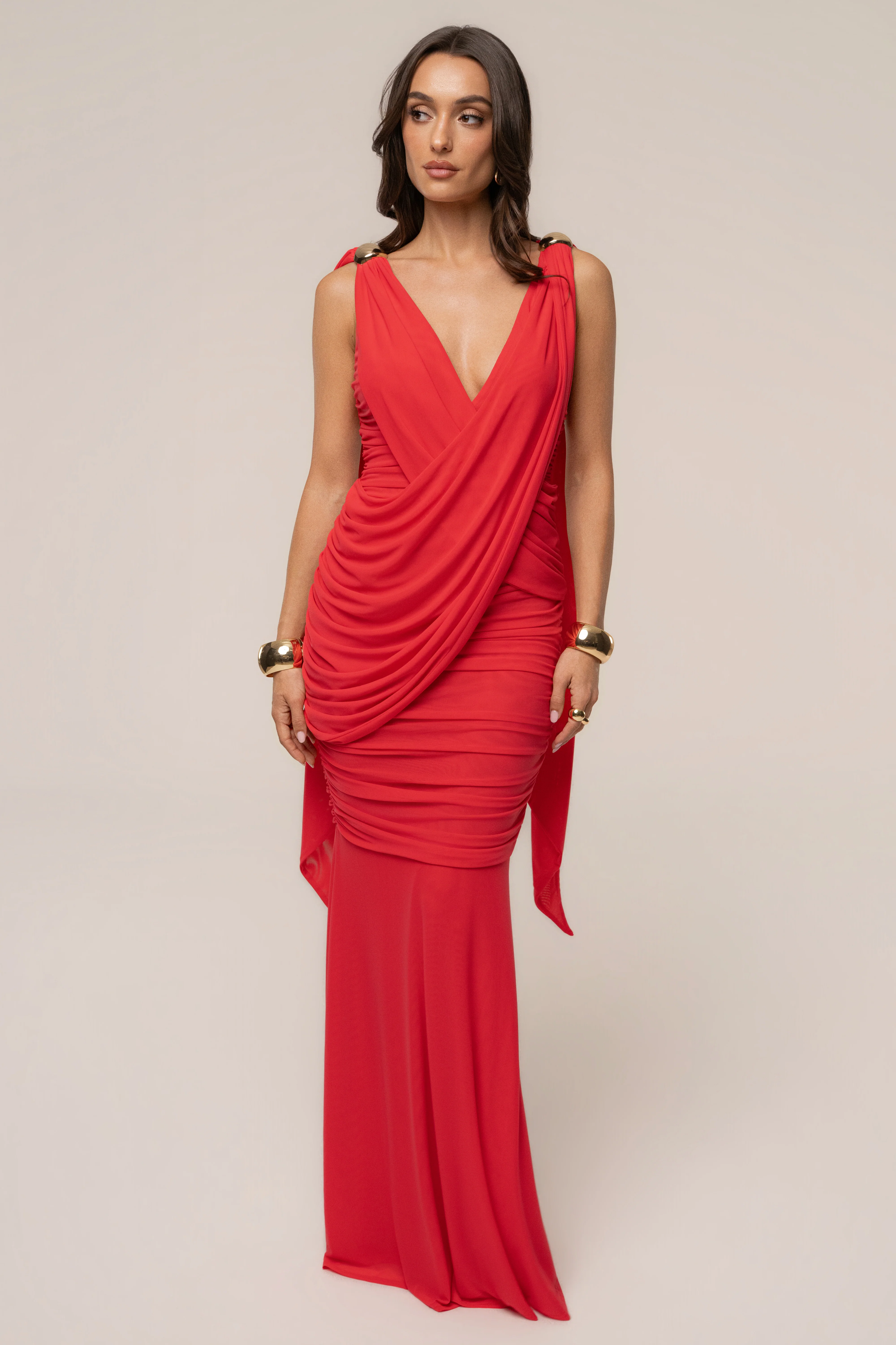 Hot Coral Anastassia Gold Accent Dress