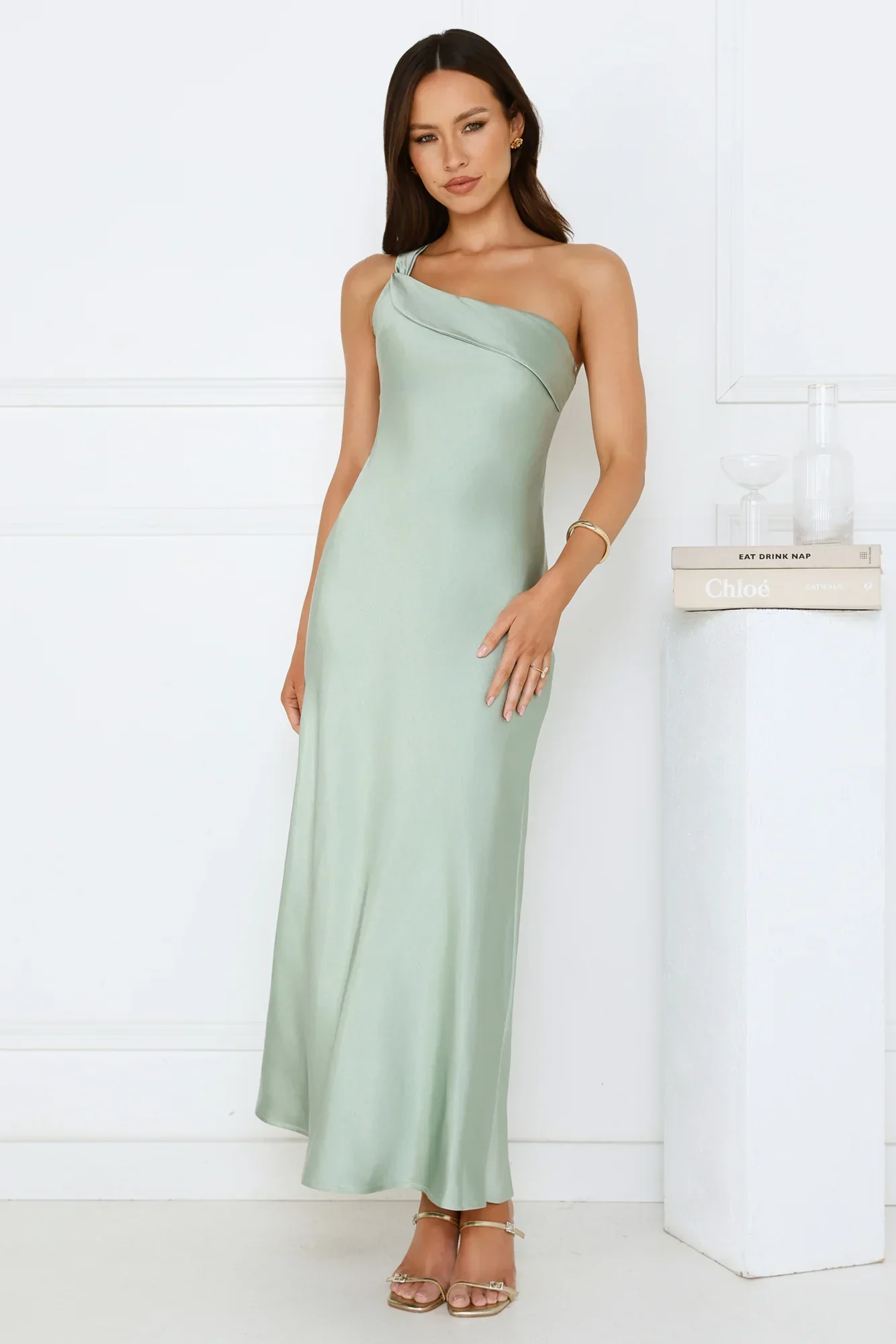 Romantic Tales Satin One Shoulder Maxi Dress Sage