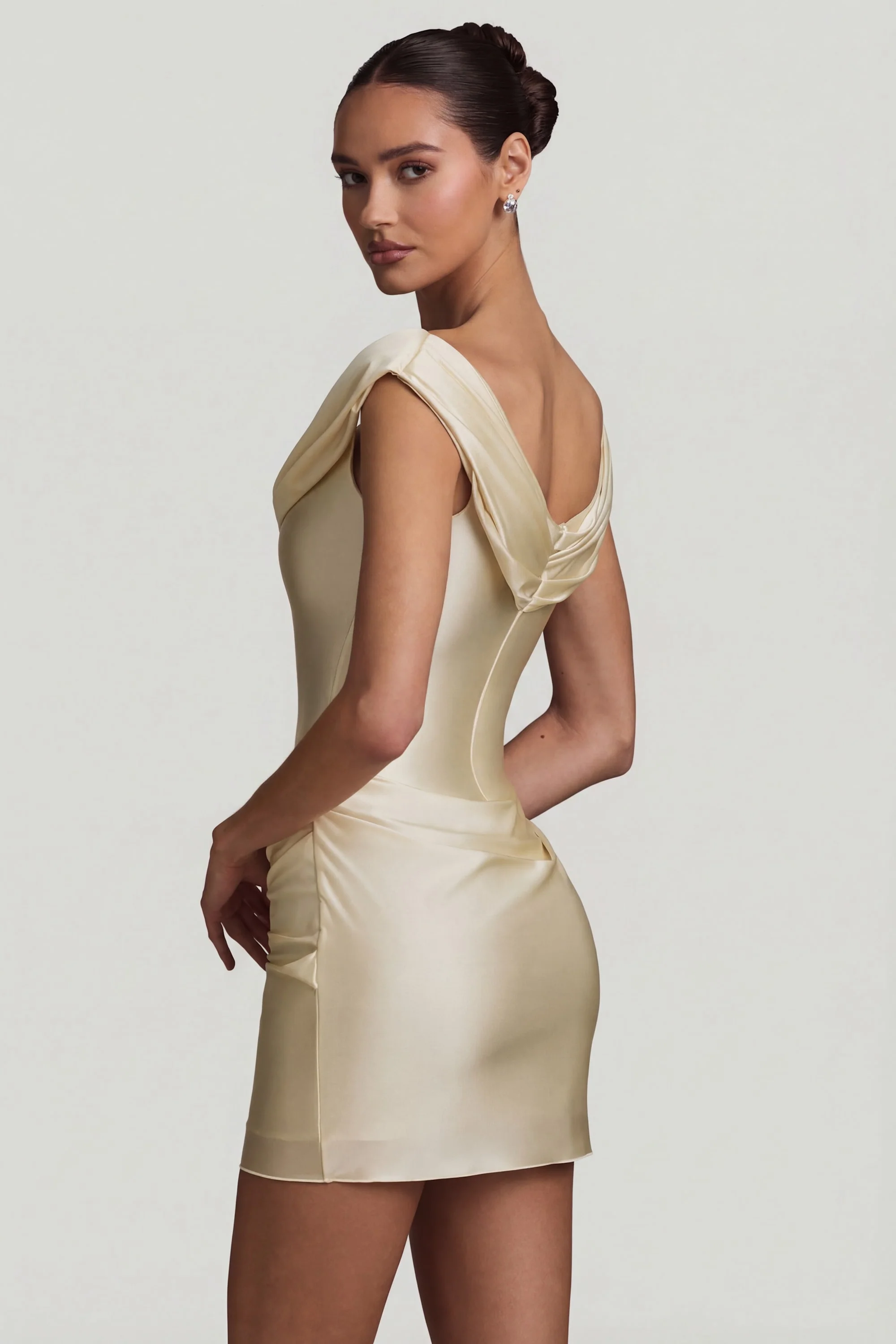 Satin Off-Shoulder Draped Mini Dress in Ivory