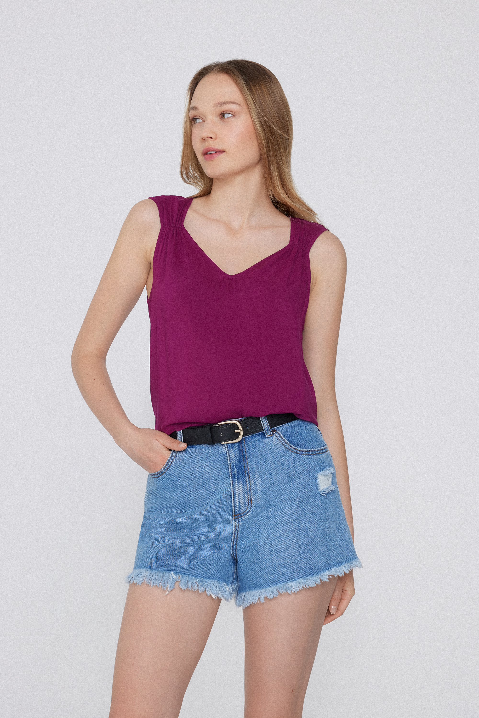 Viscose Camisole with Wide Shoulder Straps and Gathering