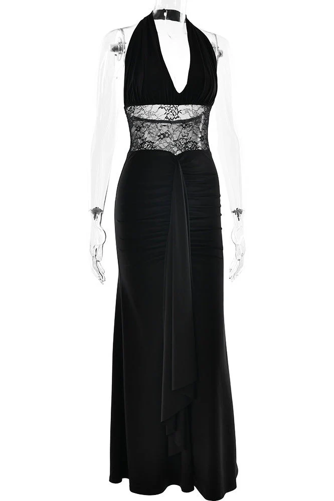 Black Halter Sheer Draped Long Dress
