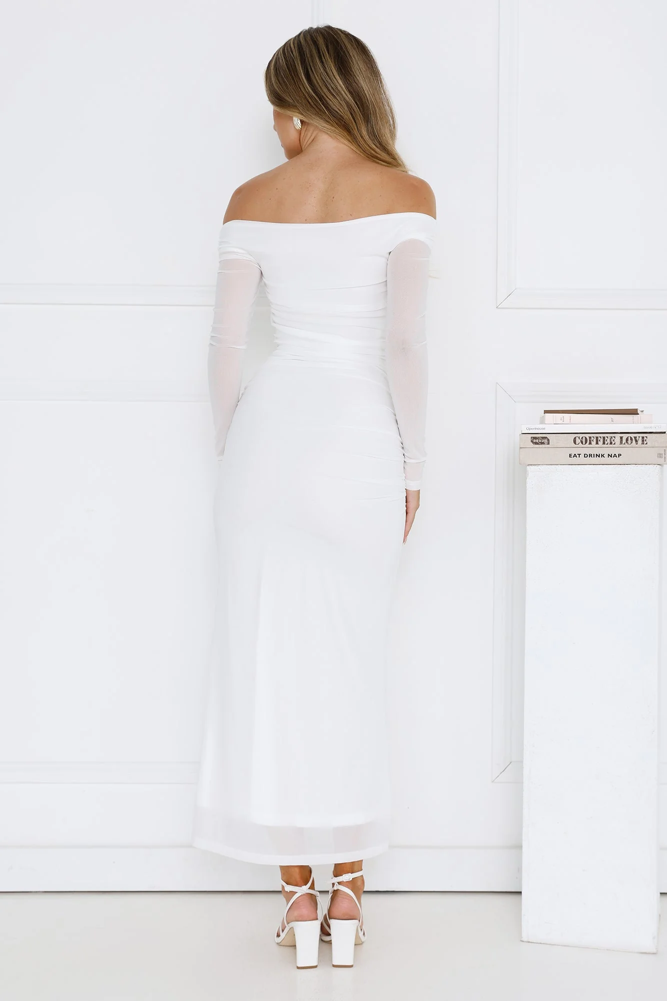 Curve Embrace Off Shoulder Mesh Maxi Dress White