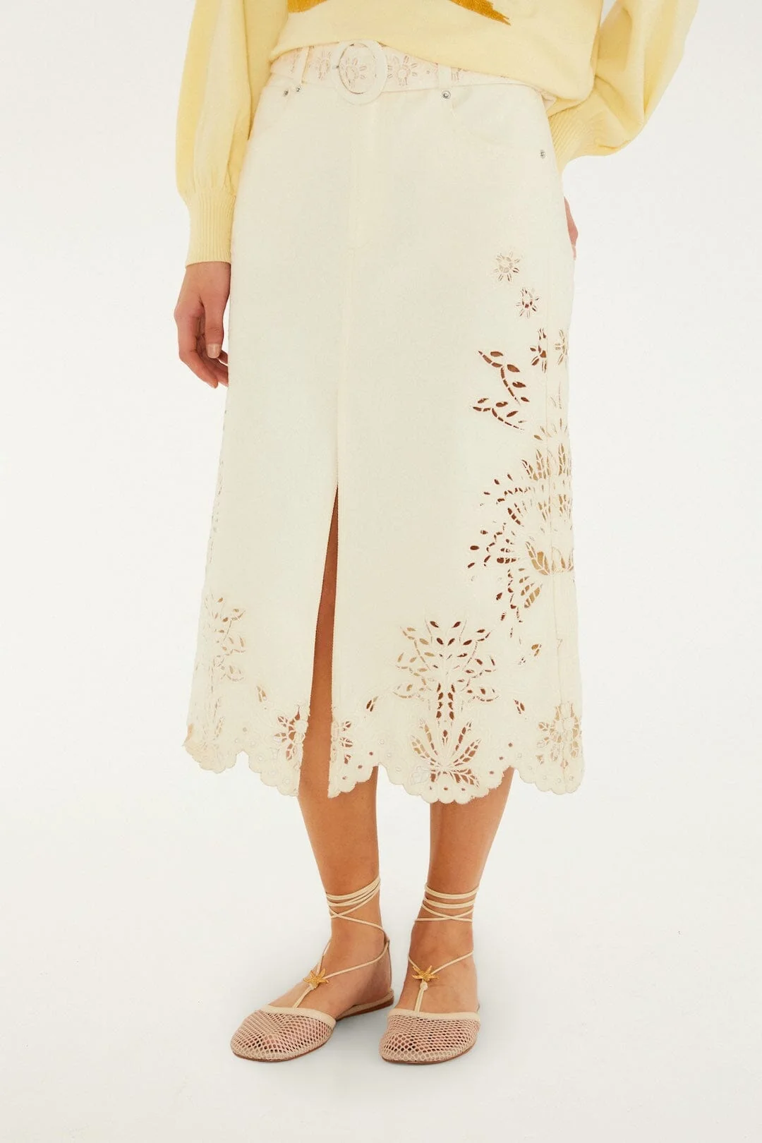Beige Geometric Richelieu Twill Midi Skirt