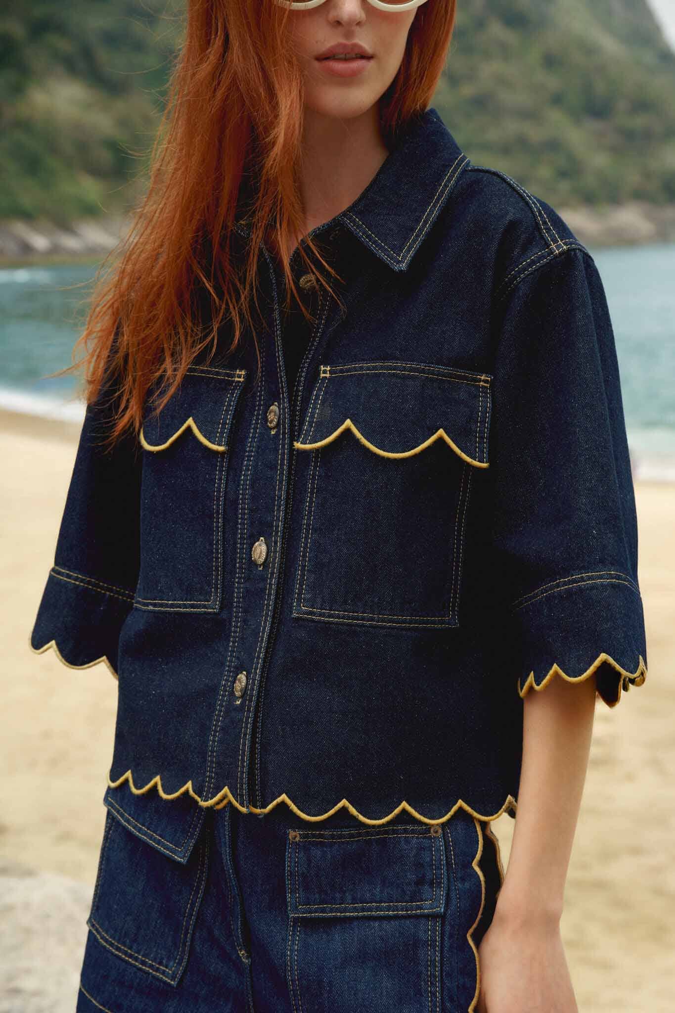 Dark Denim Wavy Hem Short Sleeve Shirt