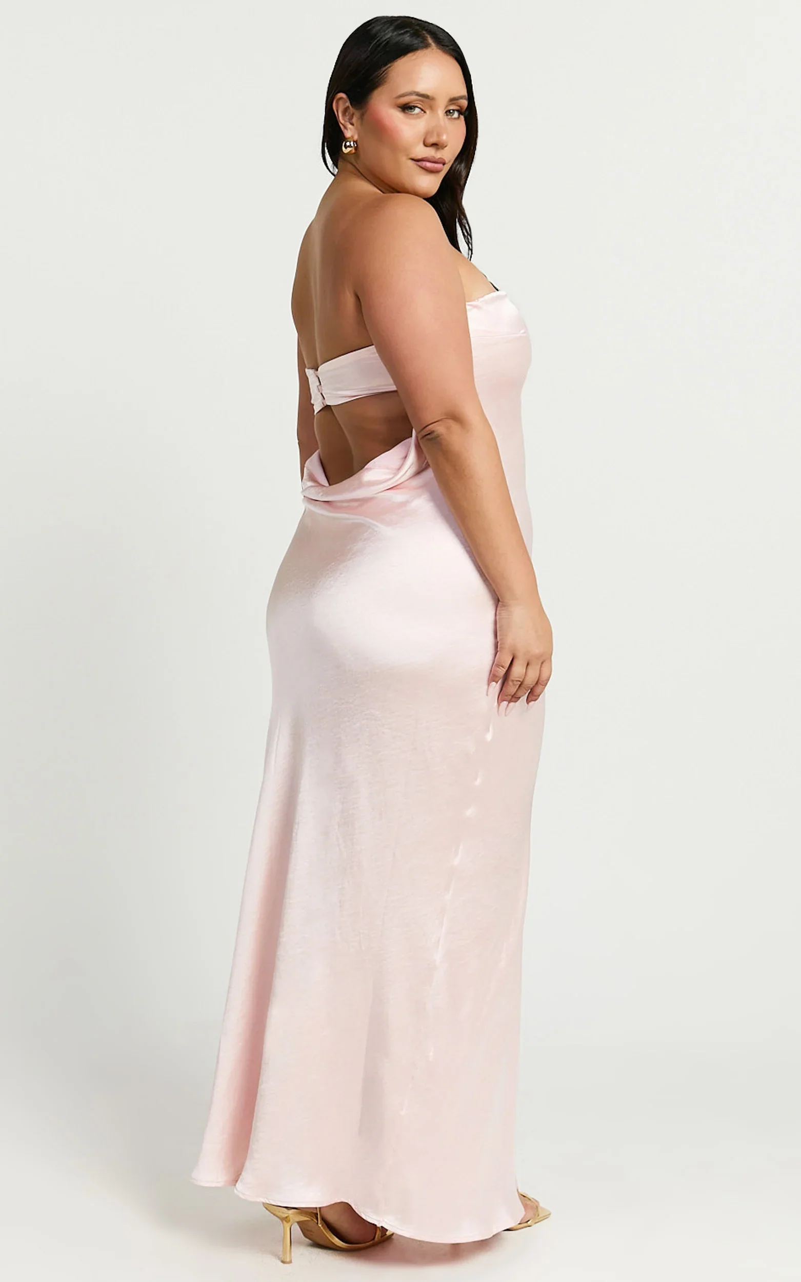 Charlita Maxi Dress - Strapless Cowl Back Satin Dress in Pale Pink