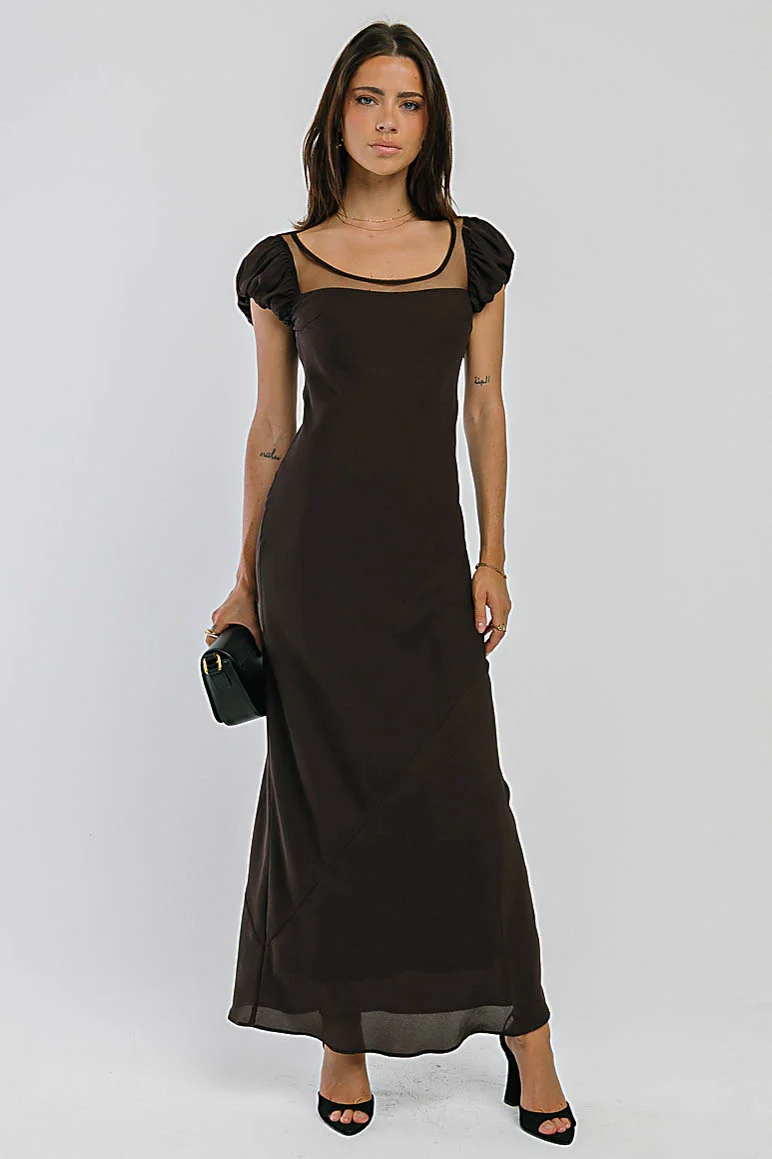 Ellie Mesh Maxi Dress in Brown