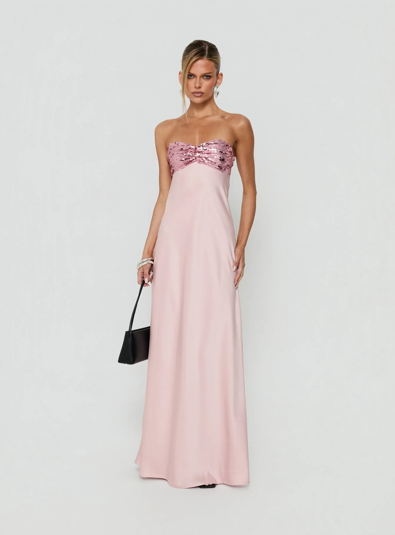 See The Vision Sequin Bust Strapless Maxi Dress Pink