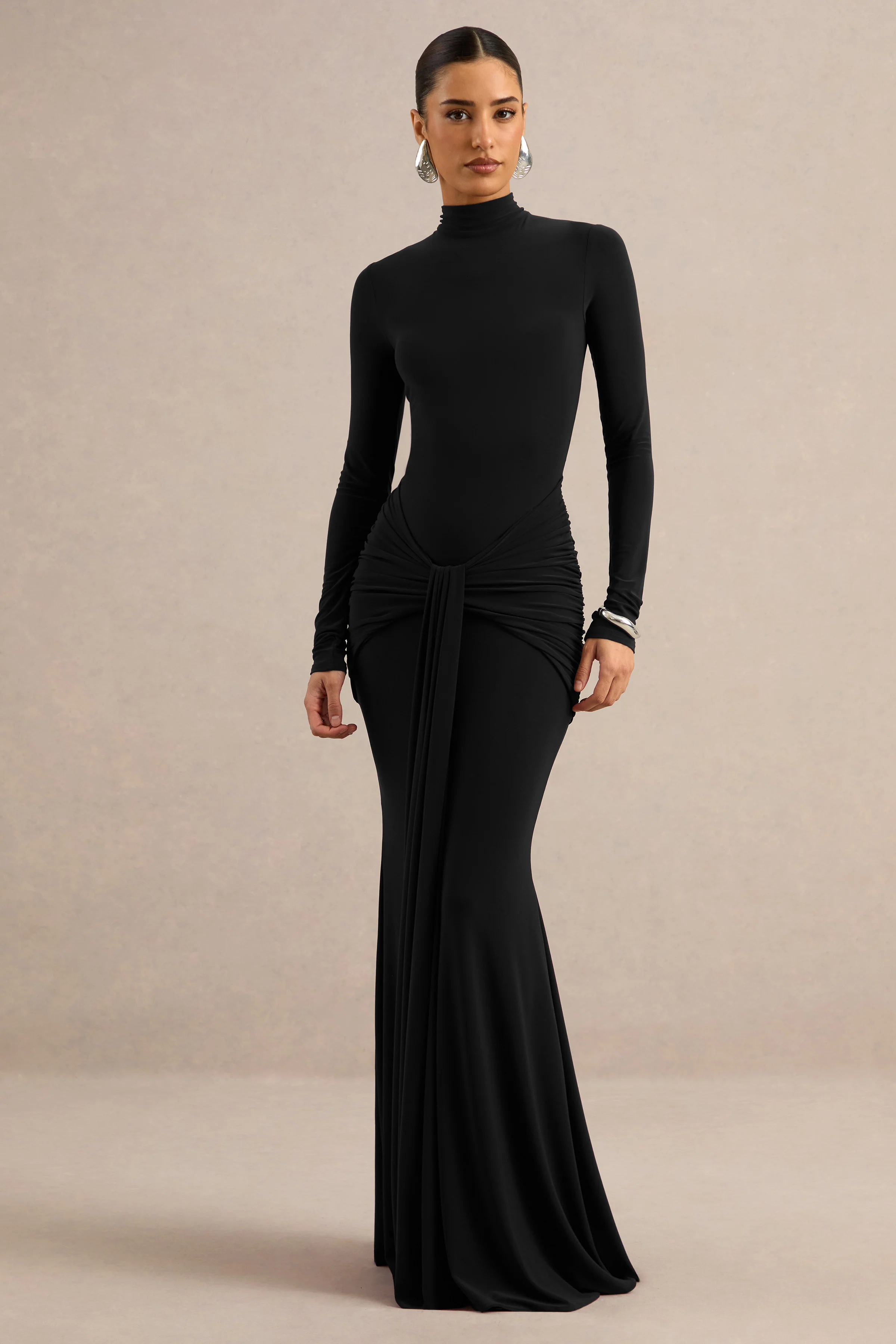Seraphita | Black Jersey High Neck Long Sleeve Maxi Dress With Gathered Detailing And Sash