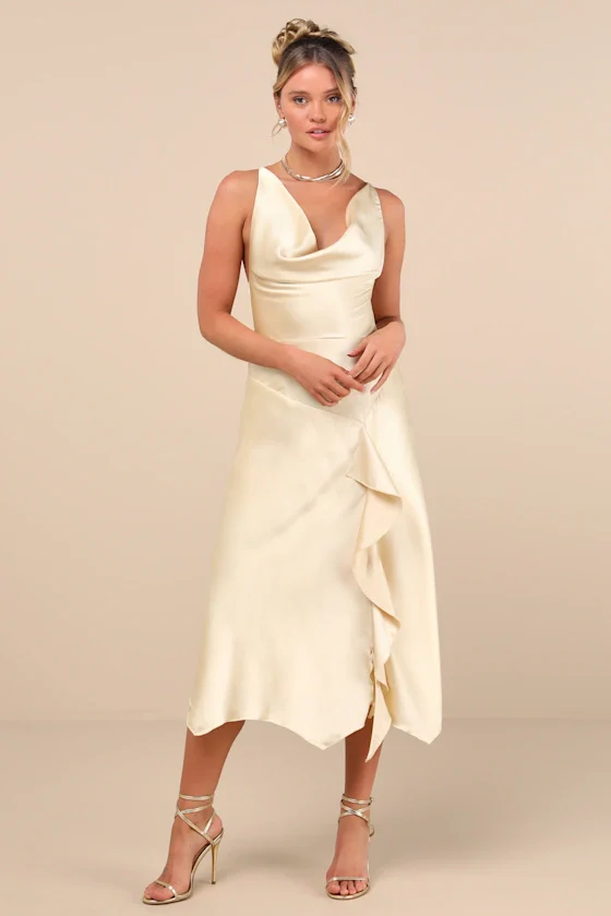 Evette Pale Yellow Satin Cowl Ruffled Handkerchief Midi Dress