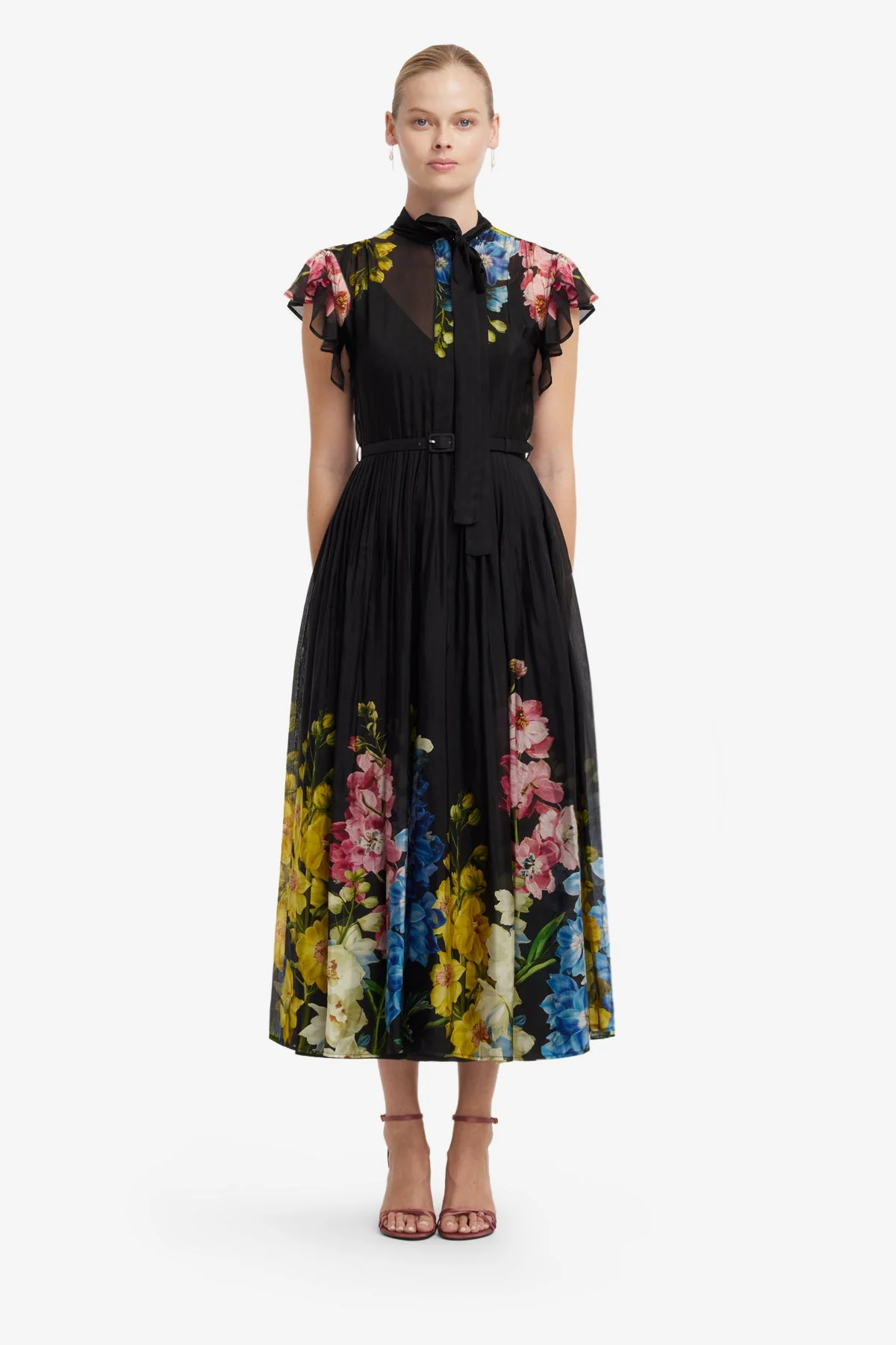 Grace Flutter Sleeve Midi Dress - Snapdragon Print in Ebony