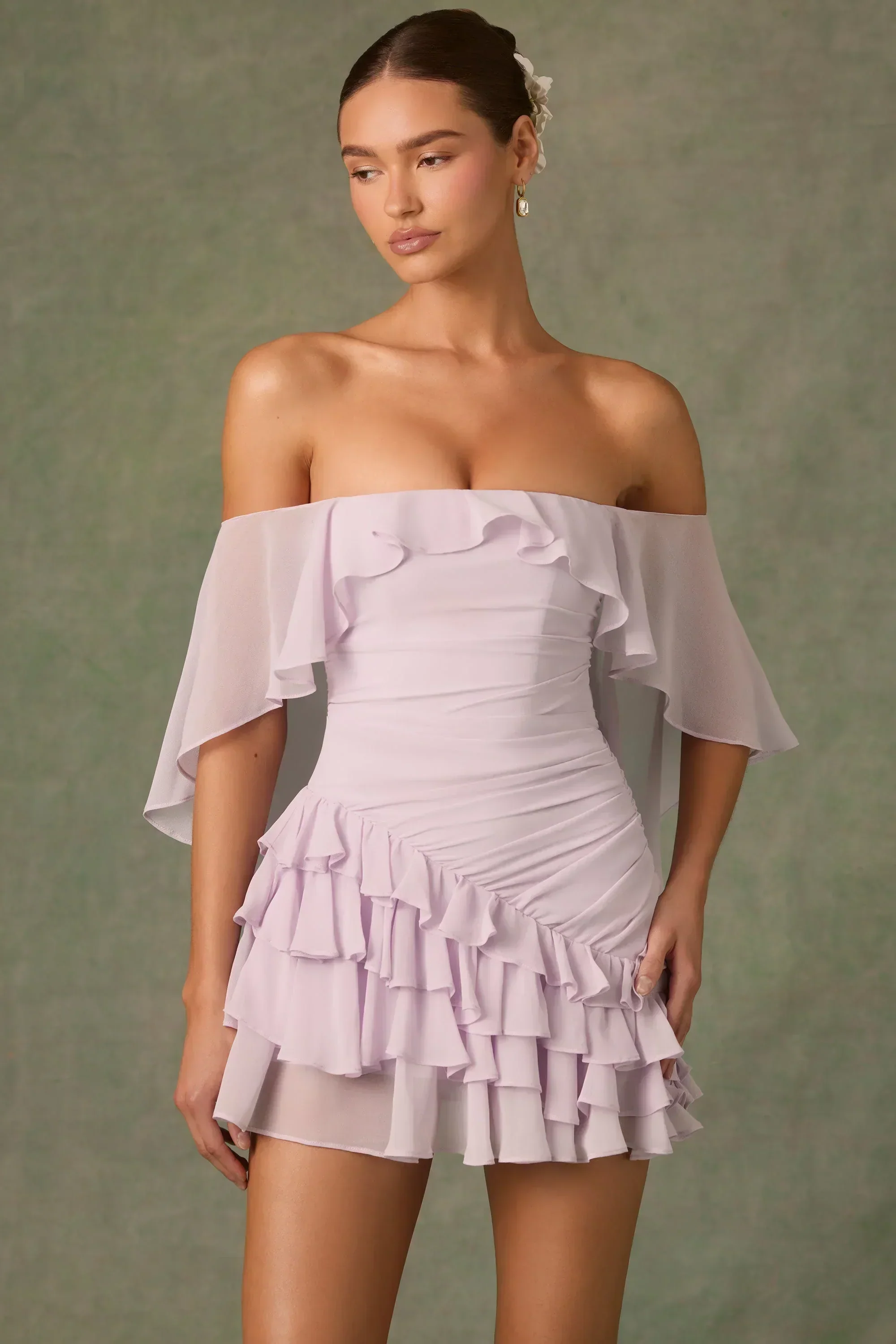 Off-Shoulder Ruffled Mini Dress In Lilac