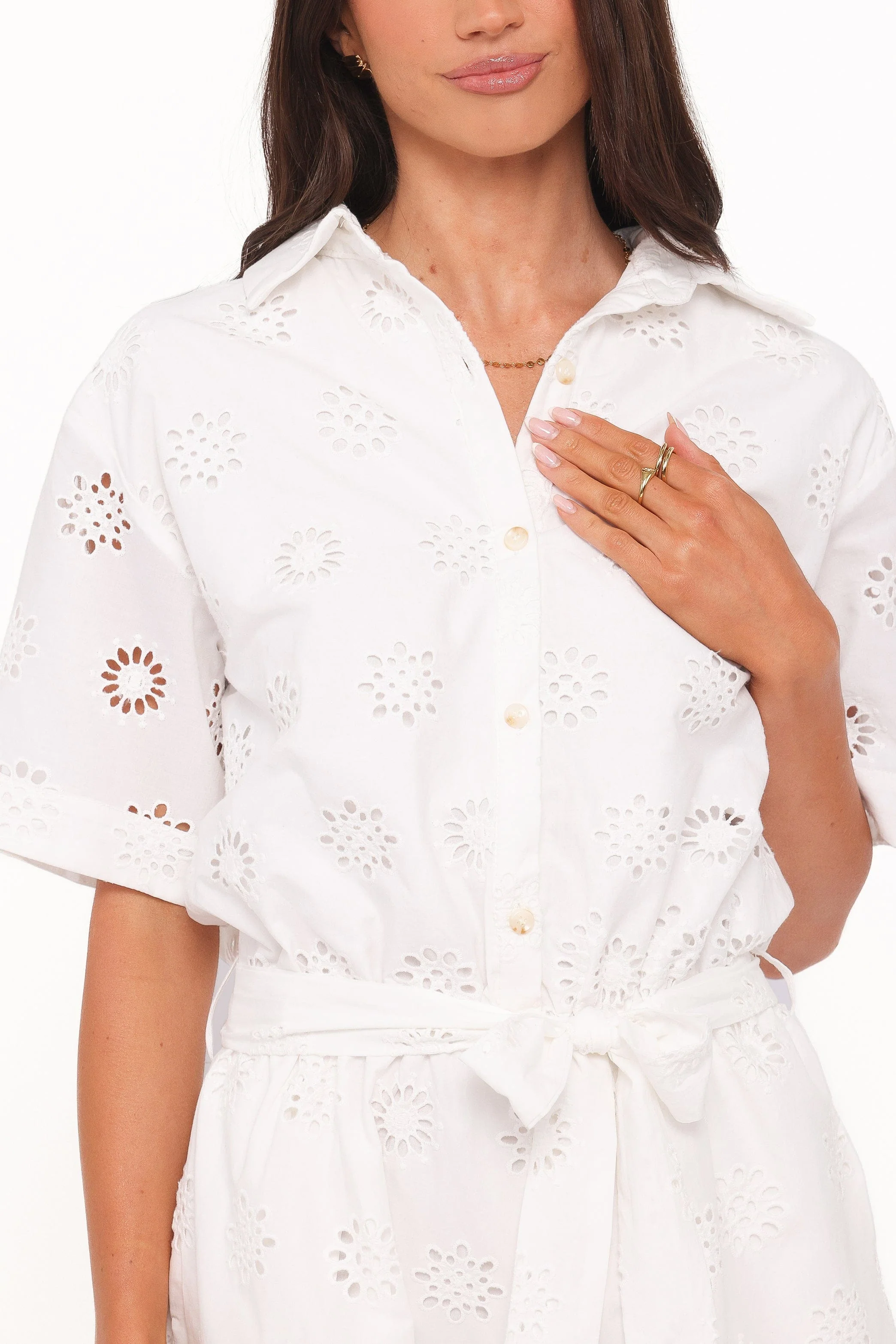 Jamie Tie Front Romper - White Broderie