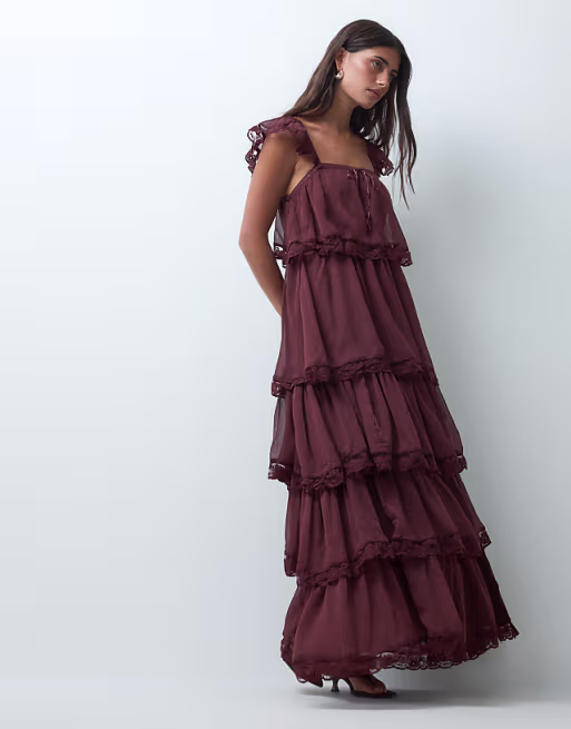 Miss Selfridge Chiffon Tiered Maxi Dress In Chocolate