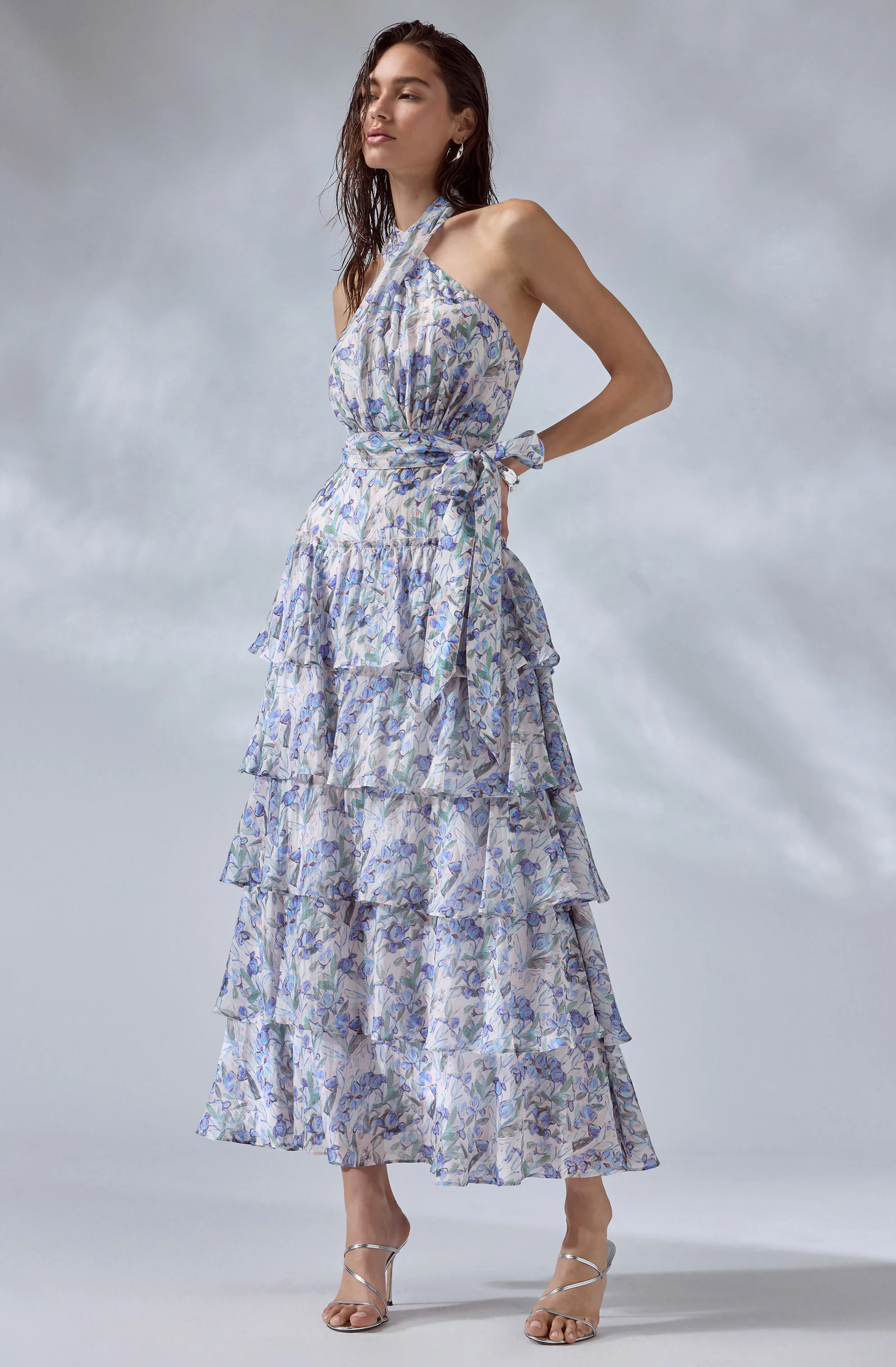 Adamaris Floral Halter Tiered Ruffle Maxi Dress