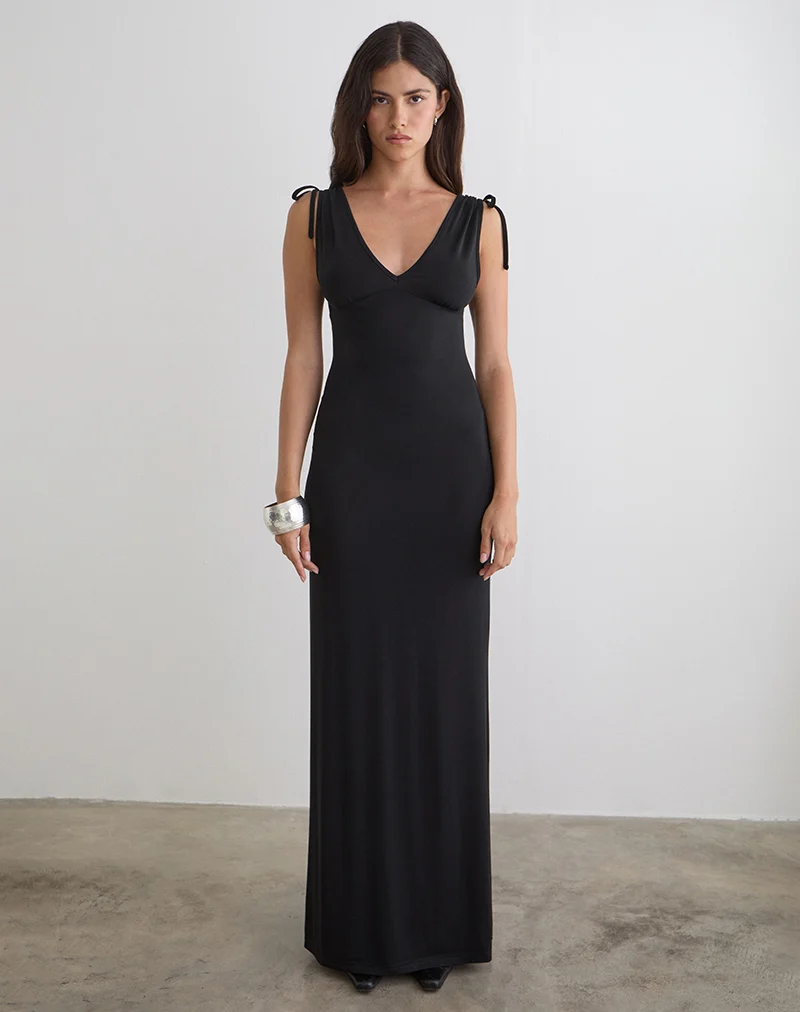 Sanyu Plunge Maxi Dress in Cupro Black