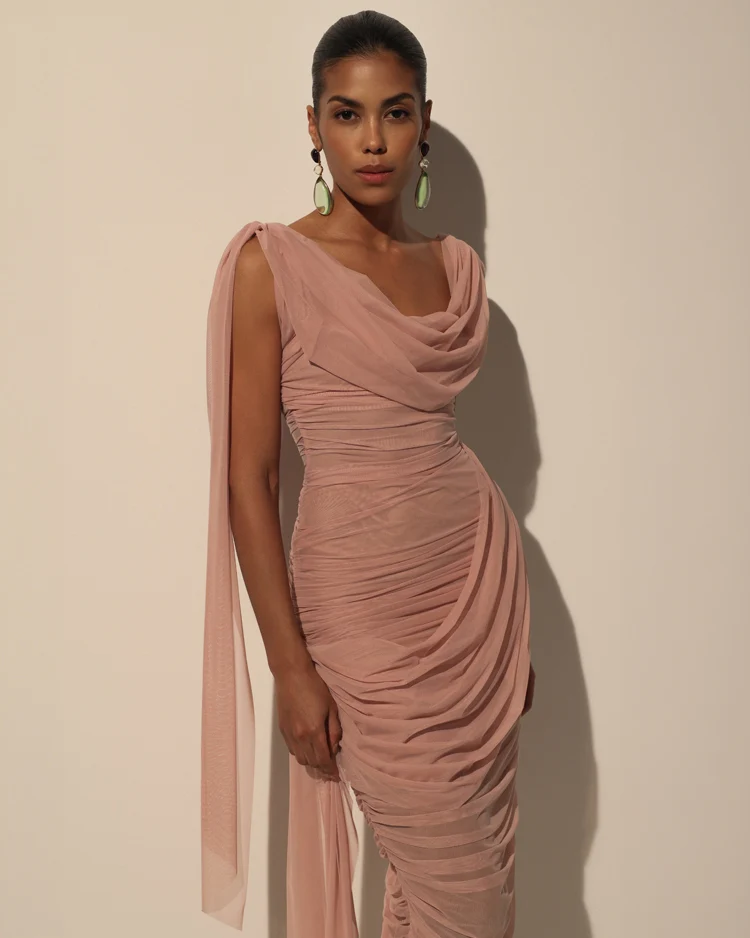 Midi Dress in Italian Mesh with Draping