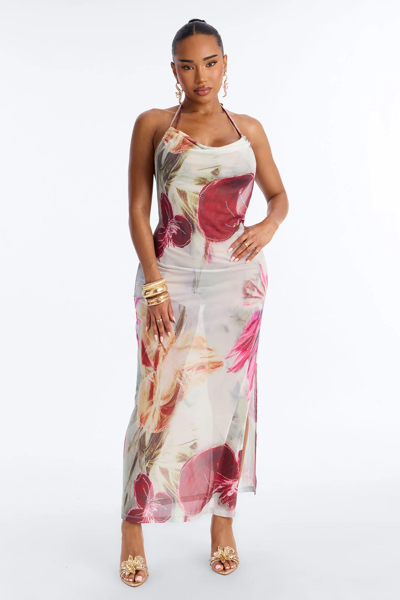 Ruth Floral Scoop Neck Low Back Swim Cover Up Maxi Dress - Purple/combo