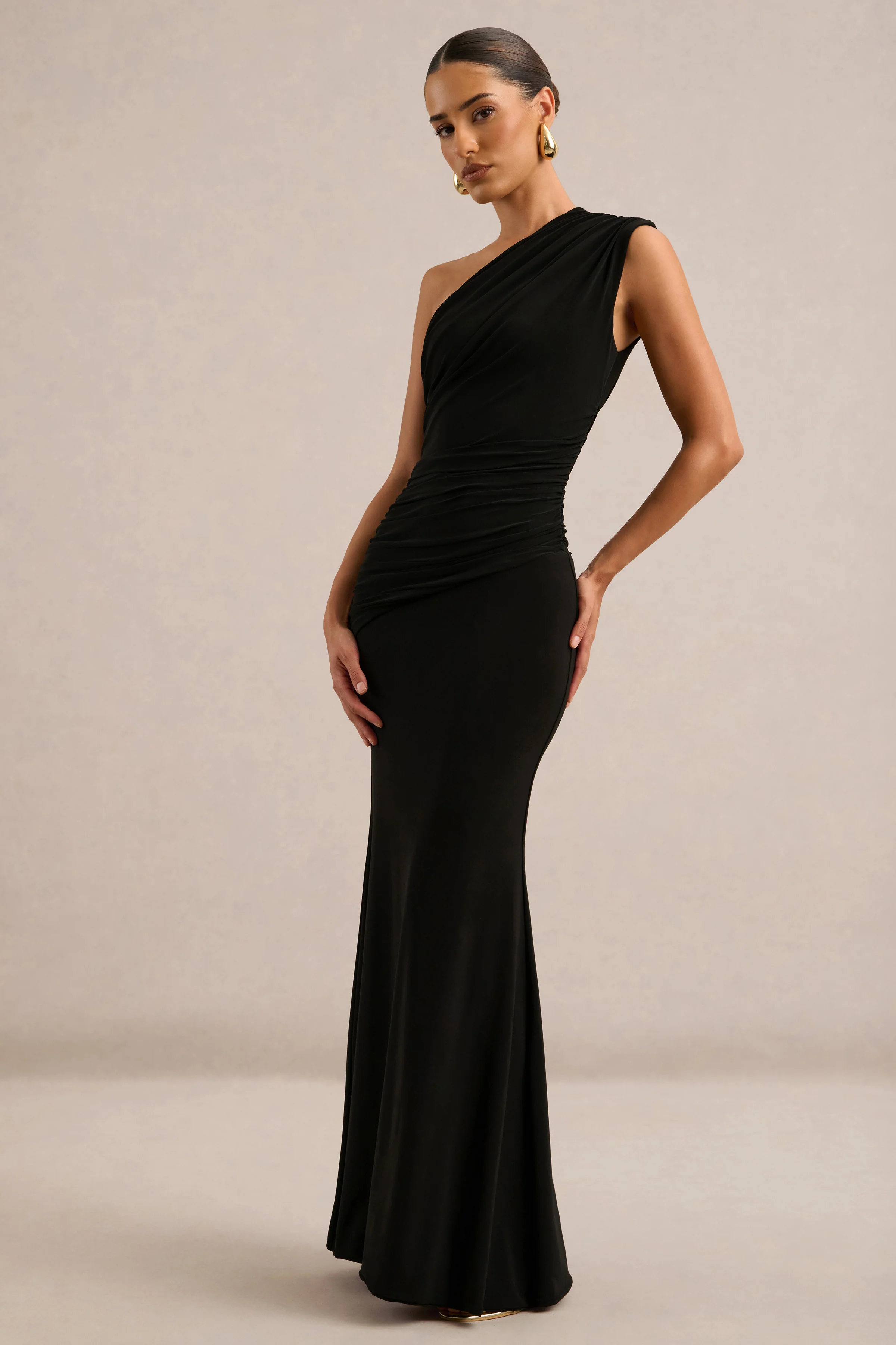 Mardi | Black Asymmetric Maxi Dress With Ruching