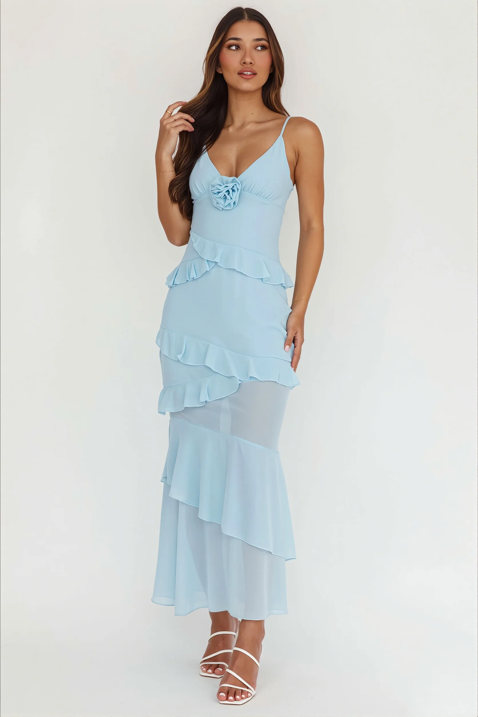 Flowy Solid Ruffle Slim Cami Maxi Dress