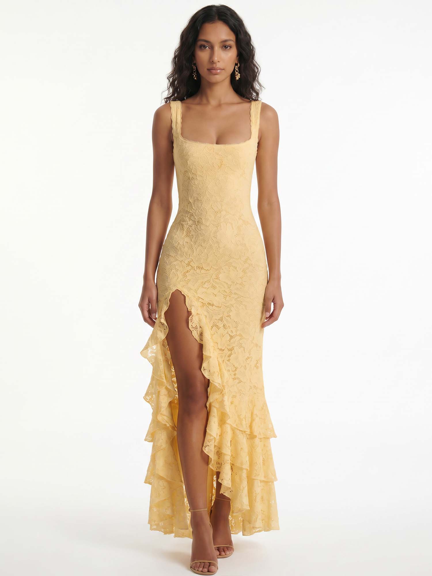 Golden Ruffle Lace Midi Dress