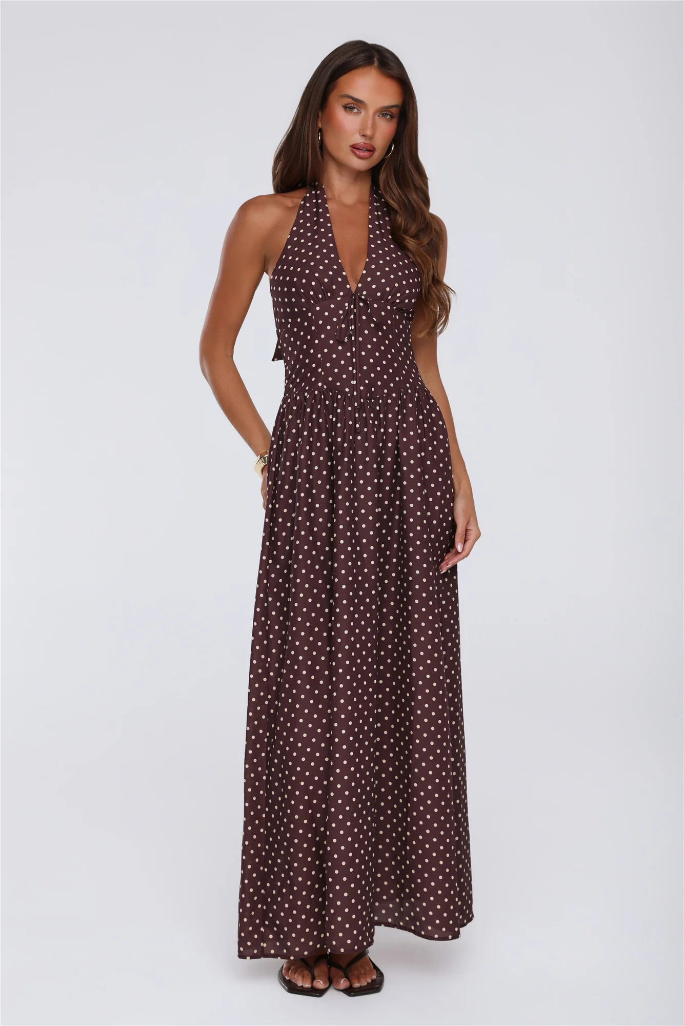 Yes To Polka Dots Halter Maxi Dress Brown