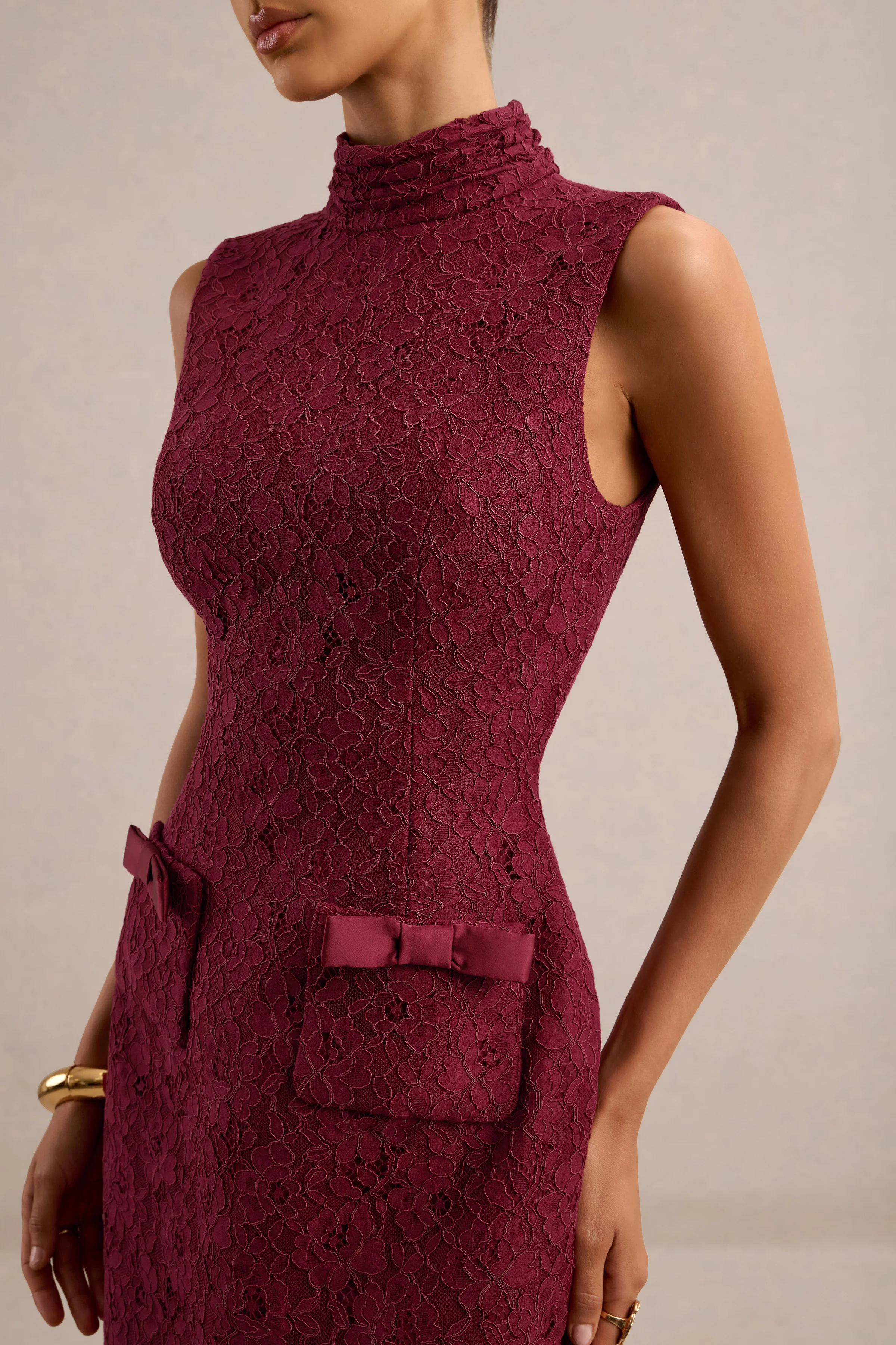 Cielle | Burgundy Lace High Neck Mini Dress With Bow Detailing