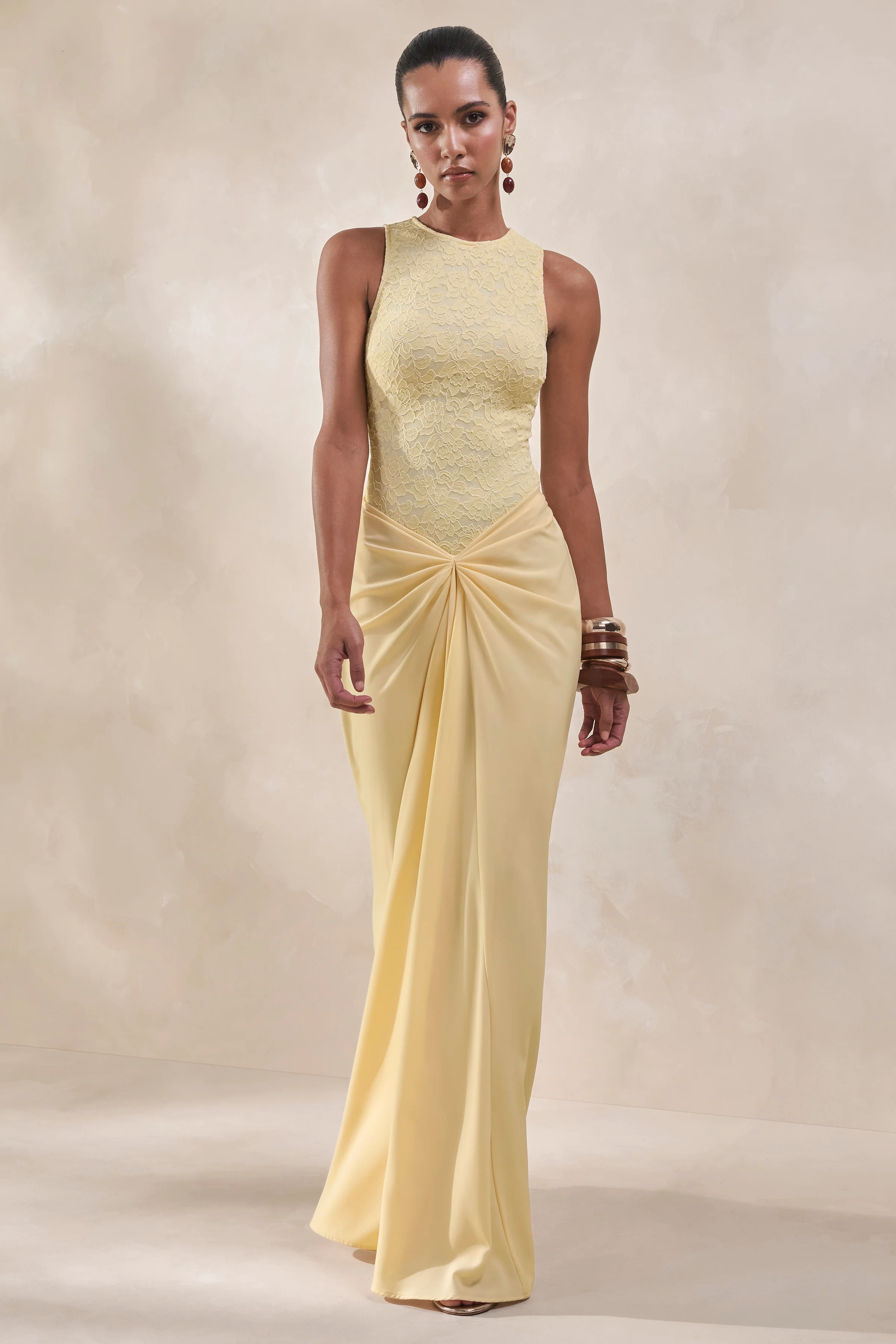 Setaria | Lemon Satin Maxi-Skirt With Gathered-Detailing And Sash