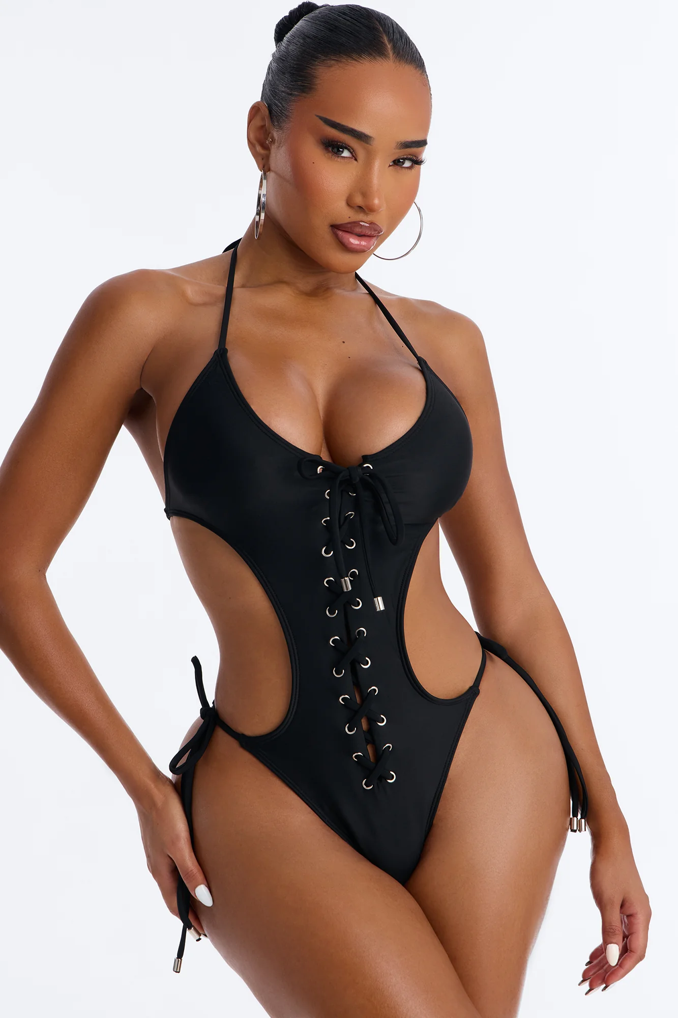 Built Like This 1 Piece Halter Lace Up Swimsuit - Black