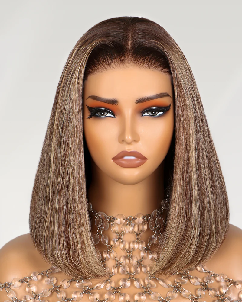 Ophirawig 6x5 invisible knots Glueless Honey Blonde Highlights On Black Straight Bob Wig Pre-cut Lace Beginner Friendly