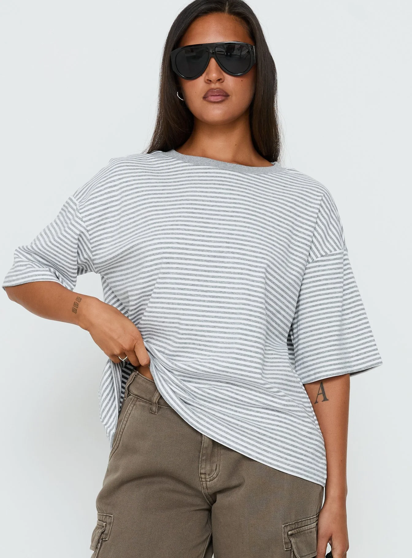 Settle Down Short Sleeve Top Grey / White Stripe