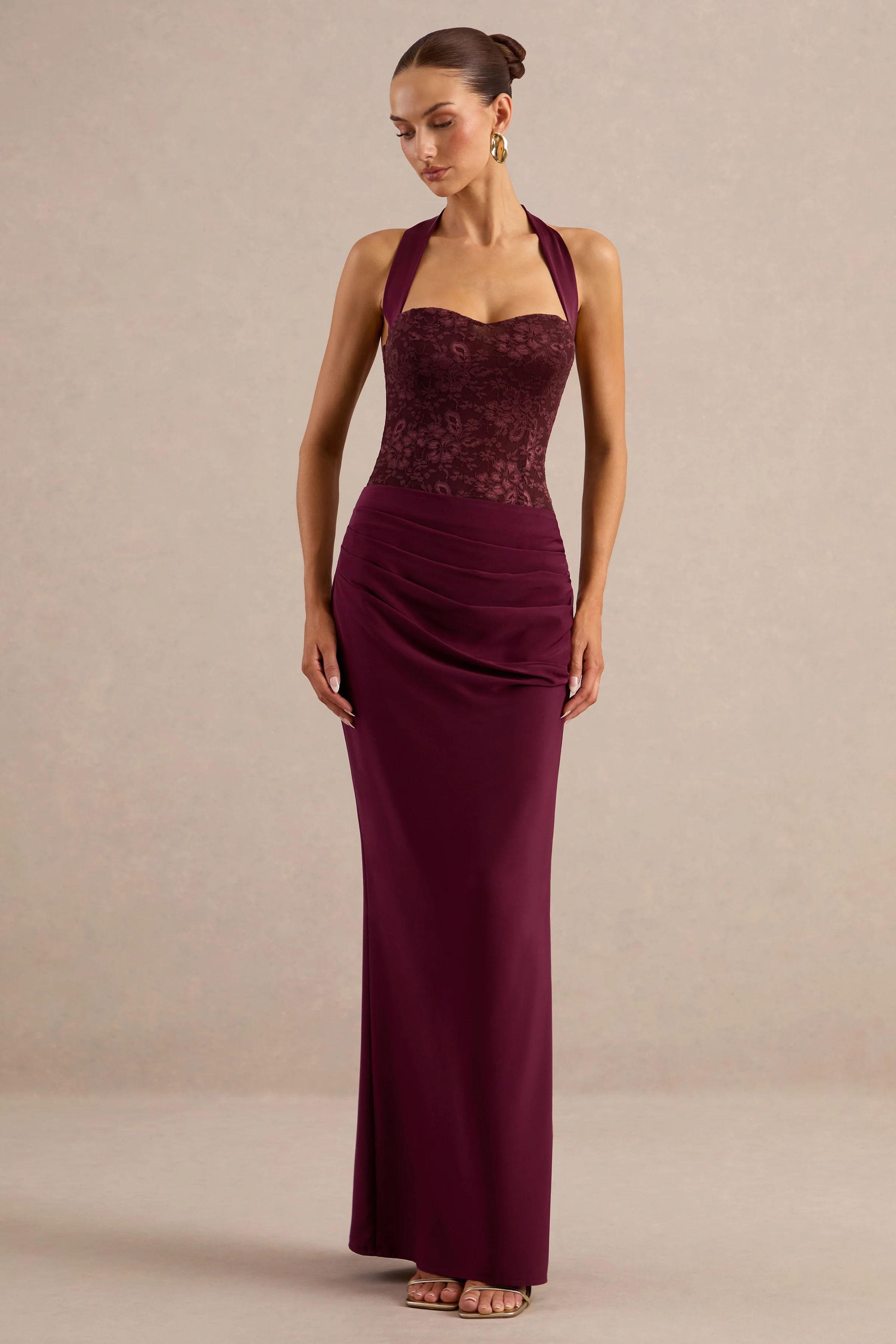 Sylisse | Burgundy Satin Mid Rise Maxi Skirt With Draped Detailing And Back Split