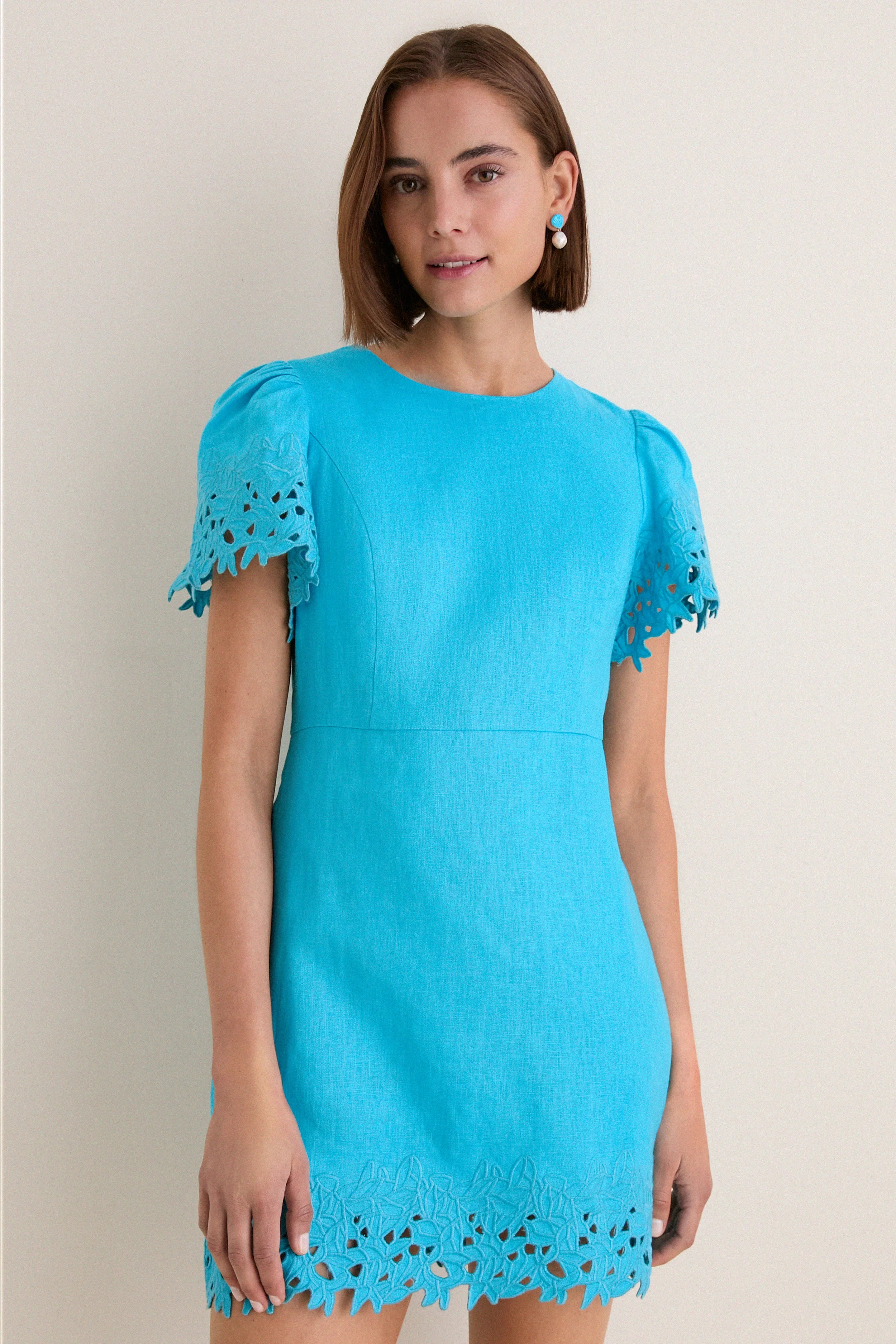 Aqua Linen Embroidered Ruthie Mini Dress