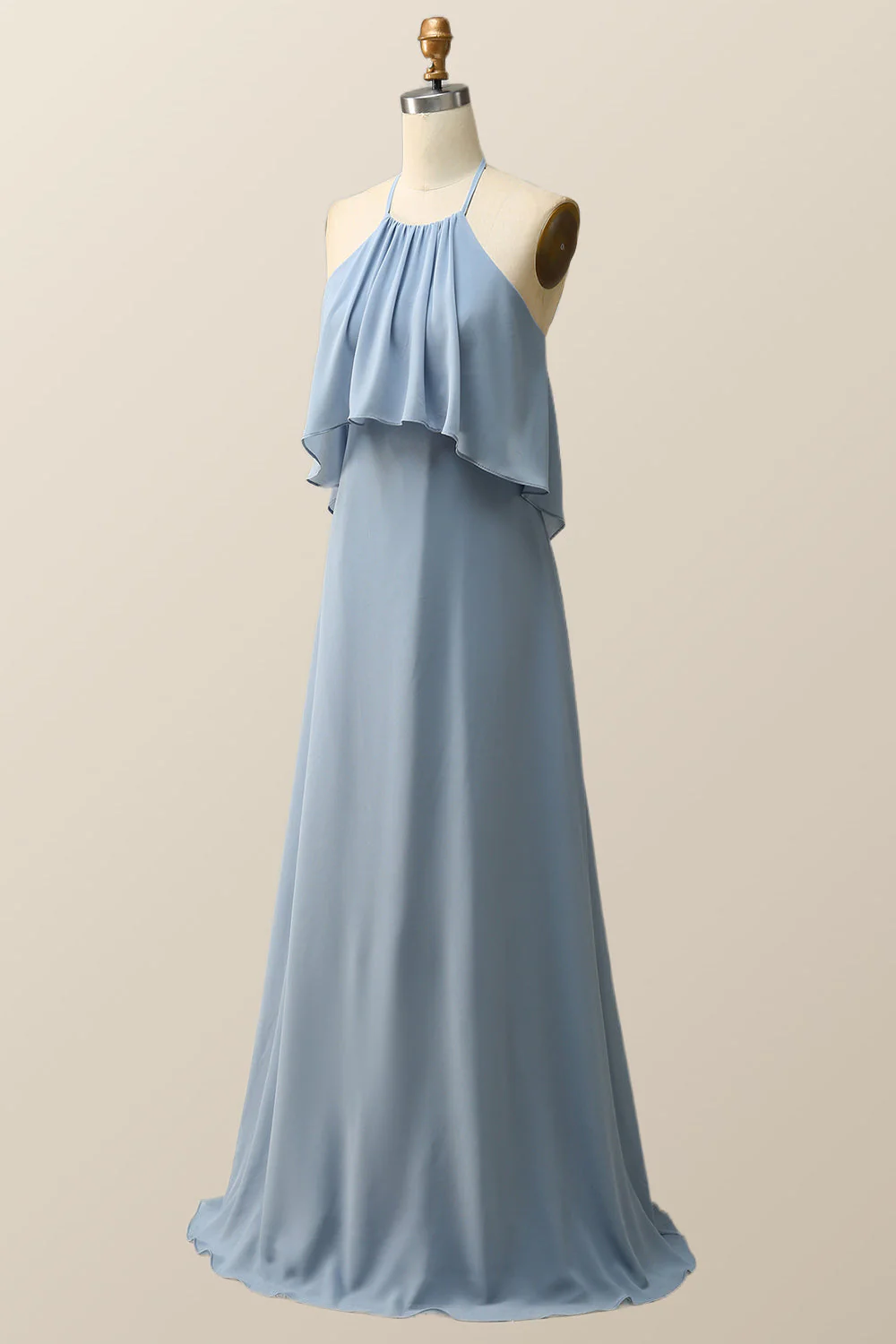 Halter Misty Blue Ruffle Chiffon Long Bridesmaid Dress