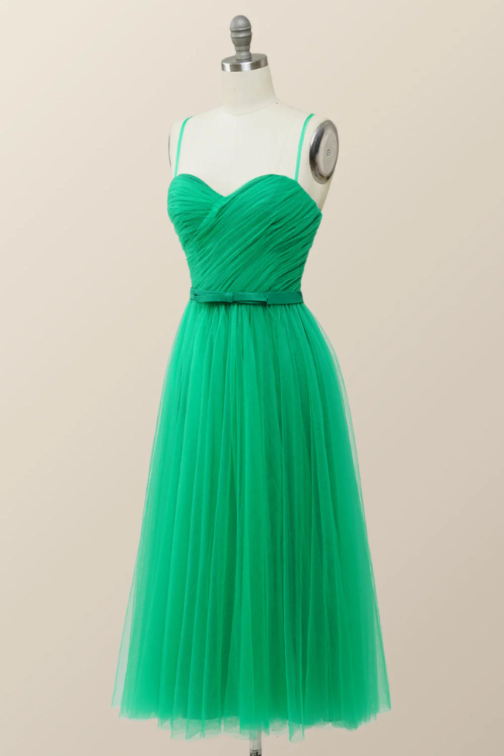 Spaghetti Straps Green Tulle Midi Dress