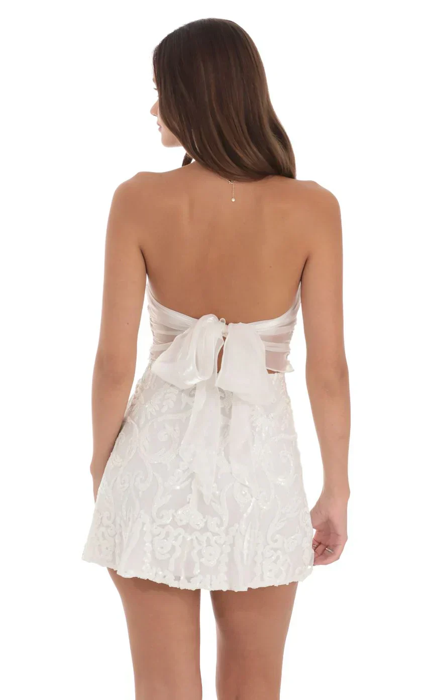 Sequin Mesh Strapless Dress in White