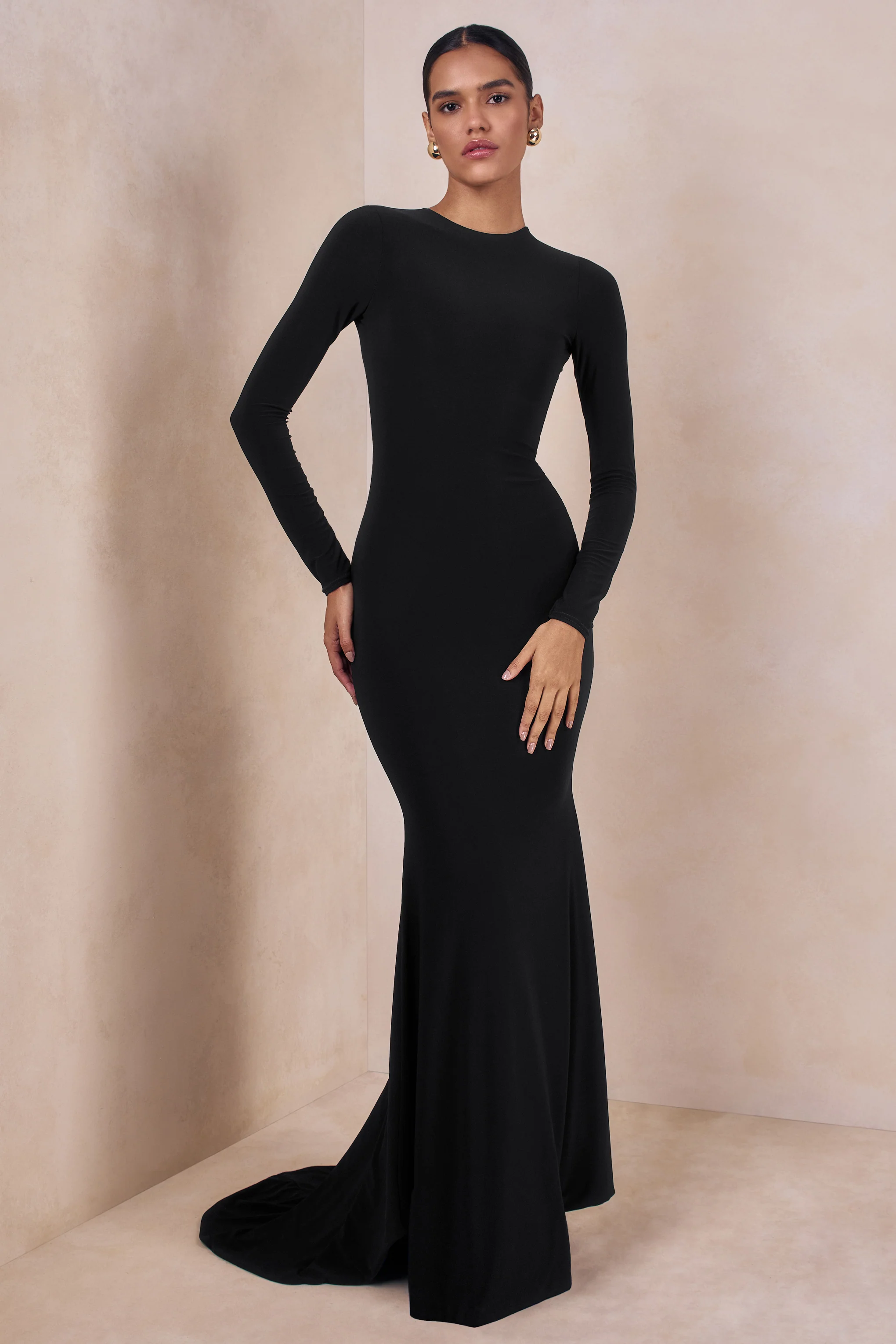 One Step Ahead | Black Long Sleeve Backless Fishtail Maxi Dress