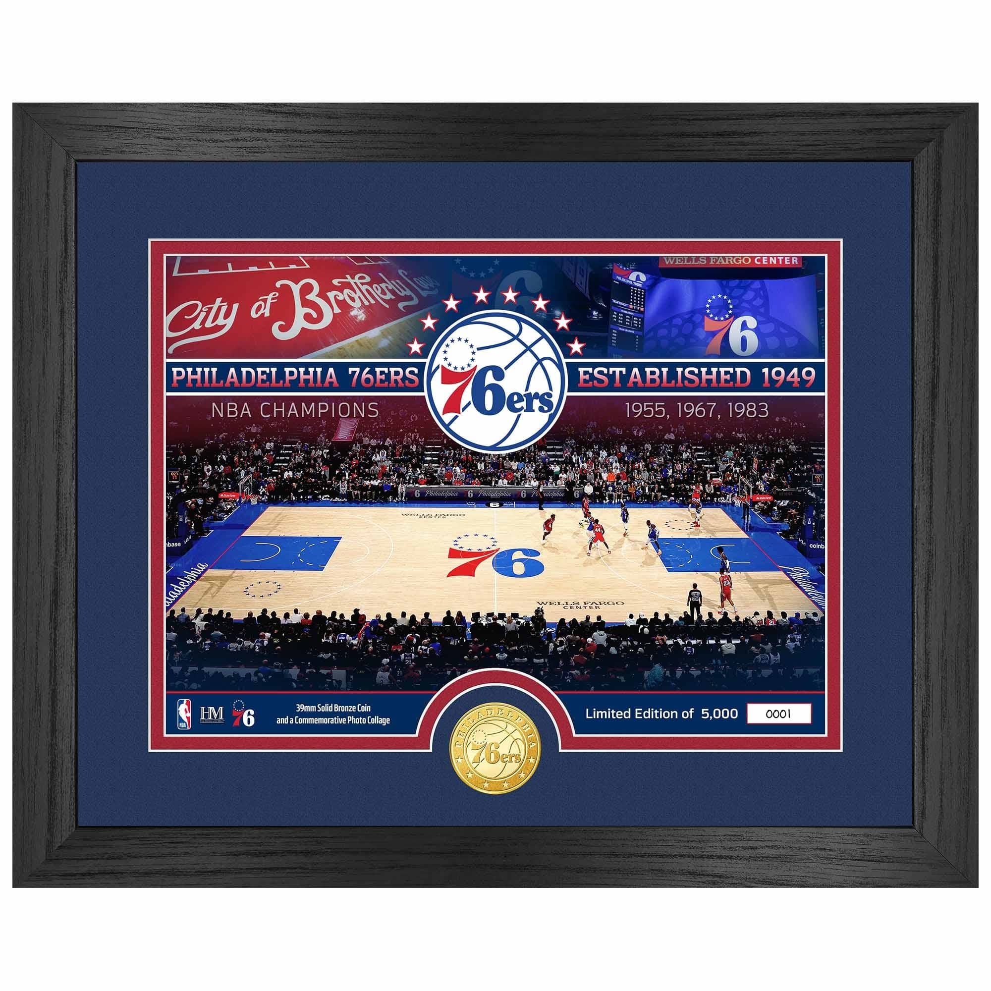 Philadelphia 76ers 3-Time NBA Champions Bronze Coin Framed Photo