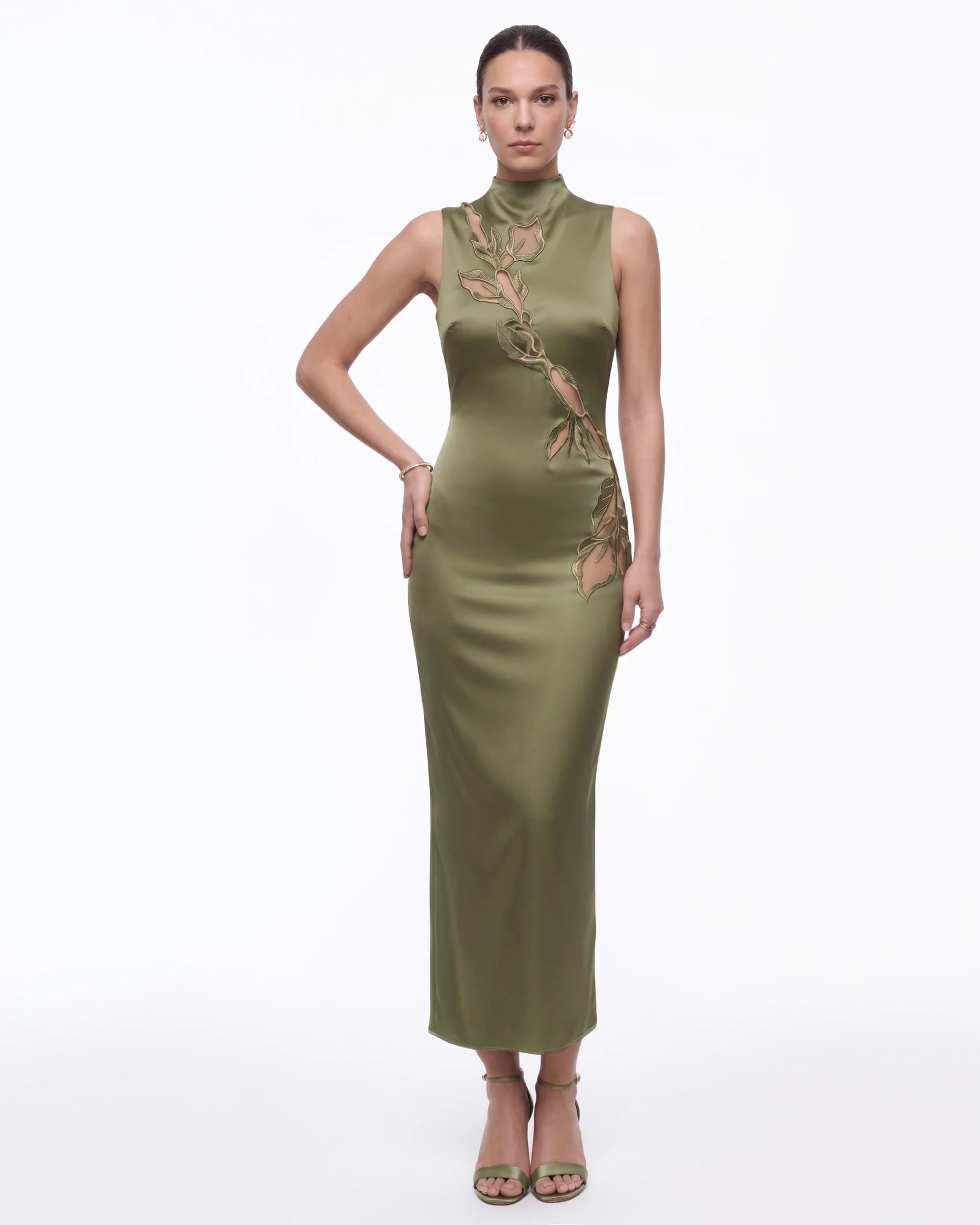 Floral Embroidered Mock-Neck Satin Maxi Dress - Olive Green