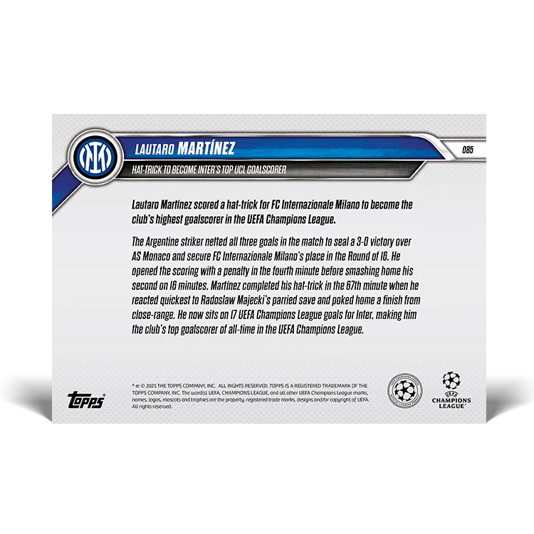 Lautaro Martínez - Hat-trick to become Inter's top UCL goalscorer - 24/25 UCL Topps NOW® Card 85