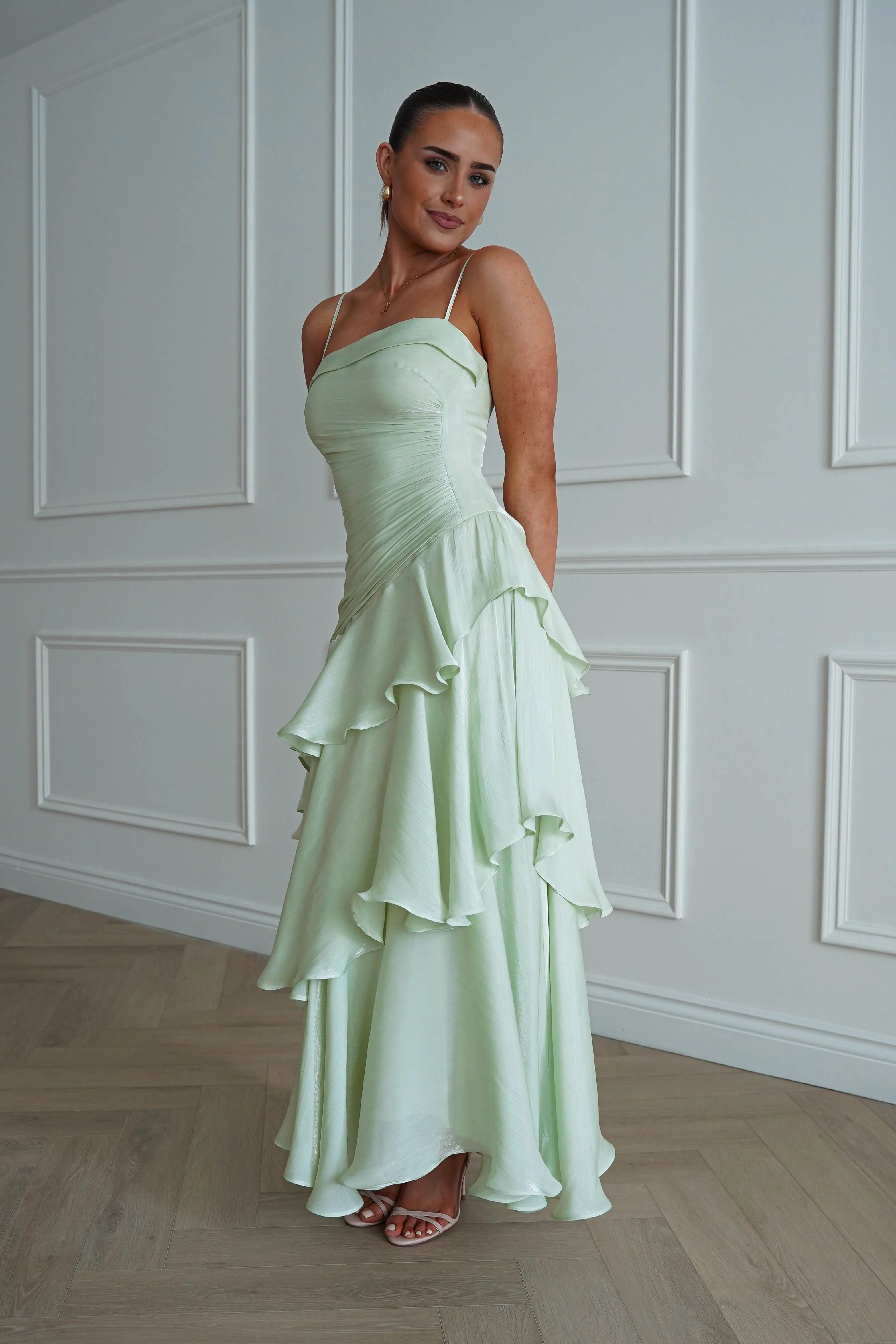 Renee Luminescent Ruffle Maxi Dress | Pistachio