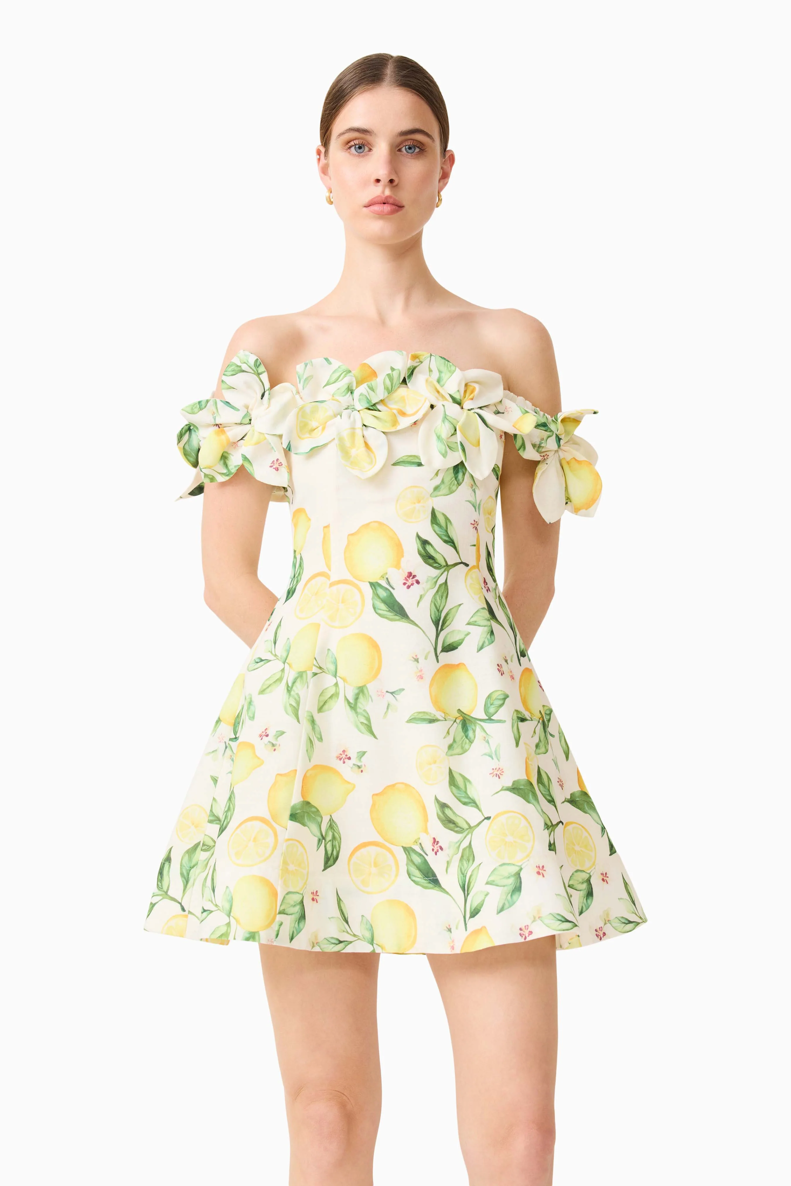 Hana Off Shoulder Mini Dress in Lemon Print